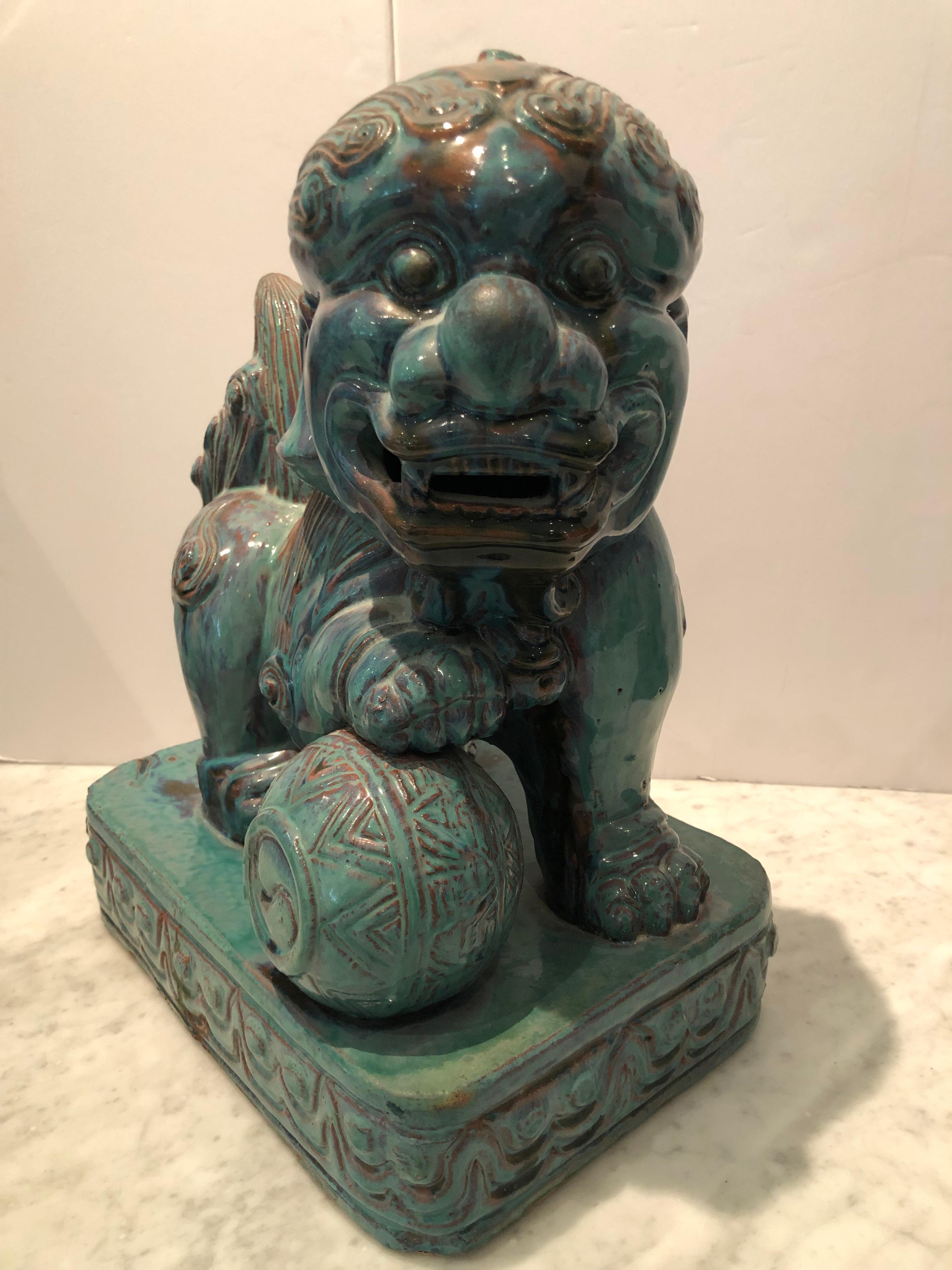 Late 20th Century Dramatic Pair of Large Chinese Foo Dogs with Turquoise Glaze