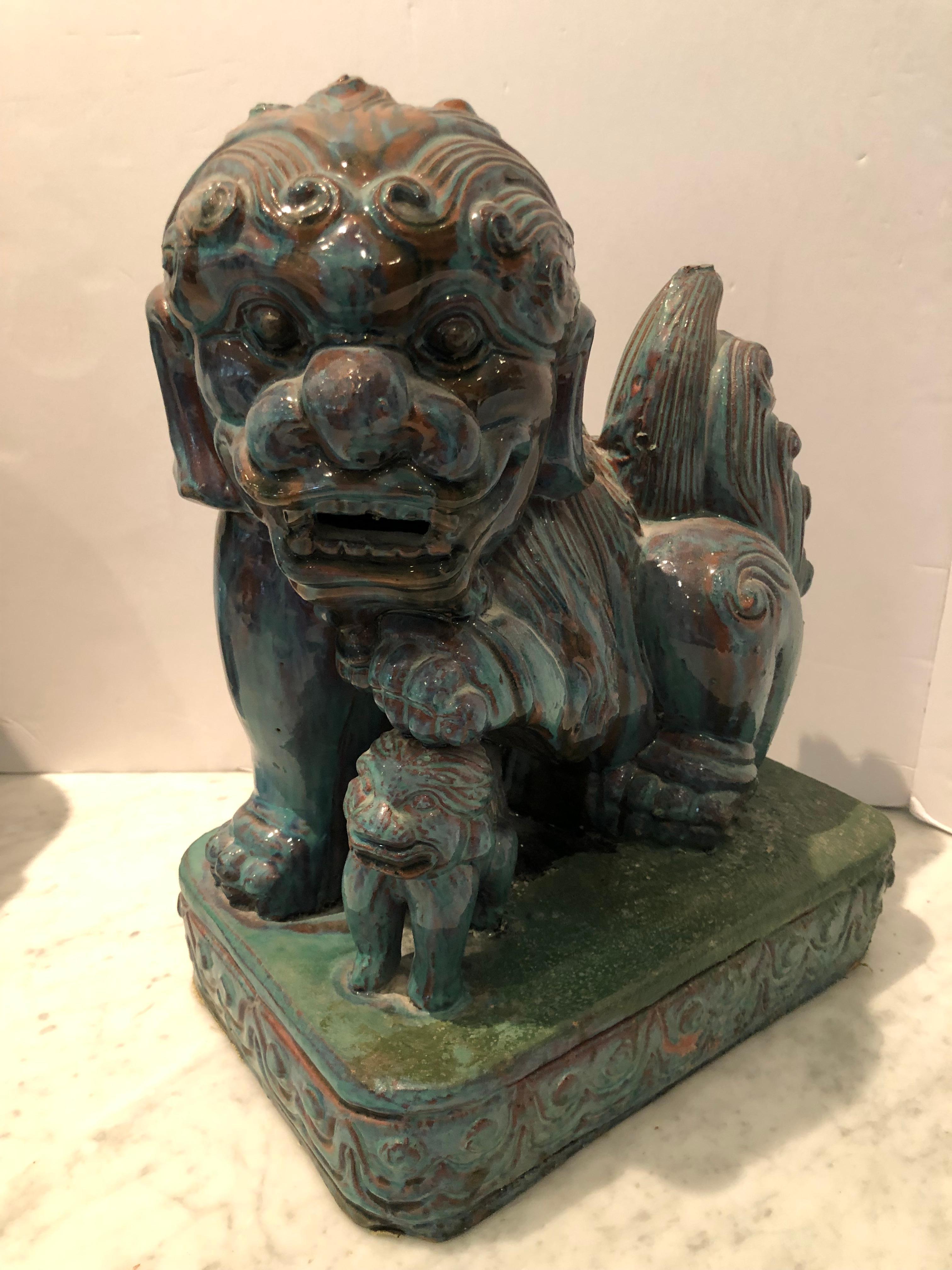 Terracotta Dramatic Pair of Large Chinese Foo Dogs with Turquoise Glaze