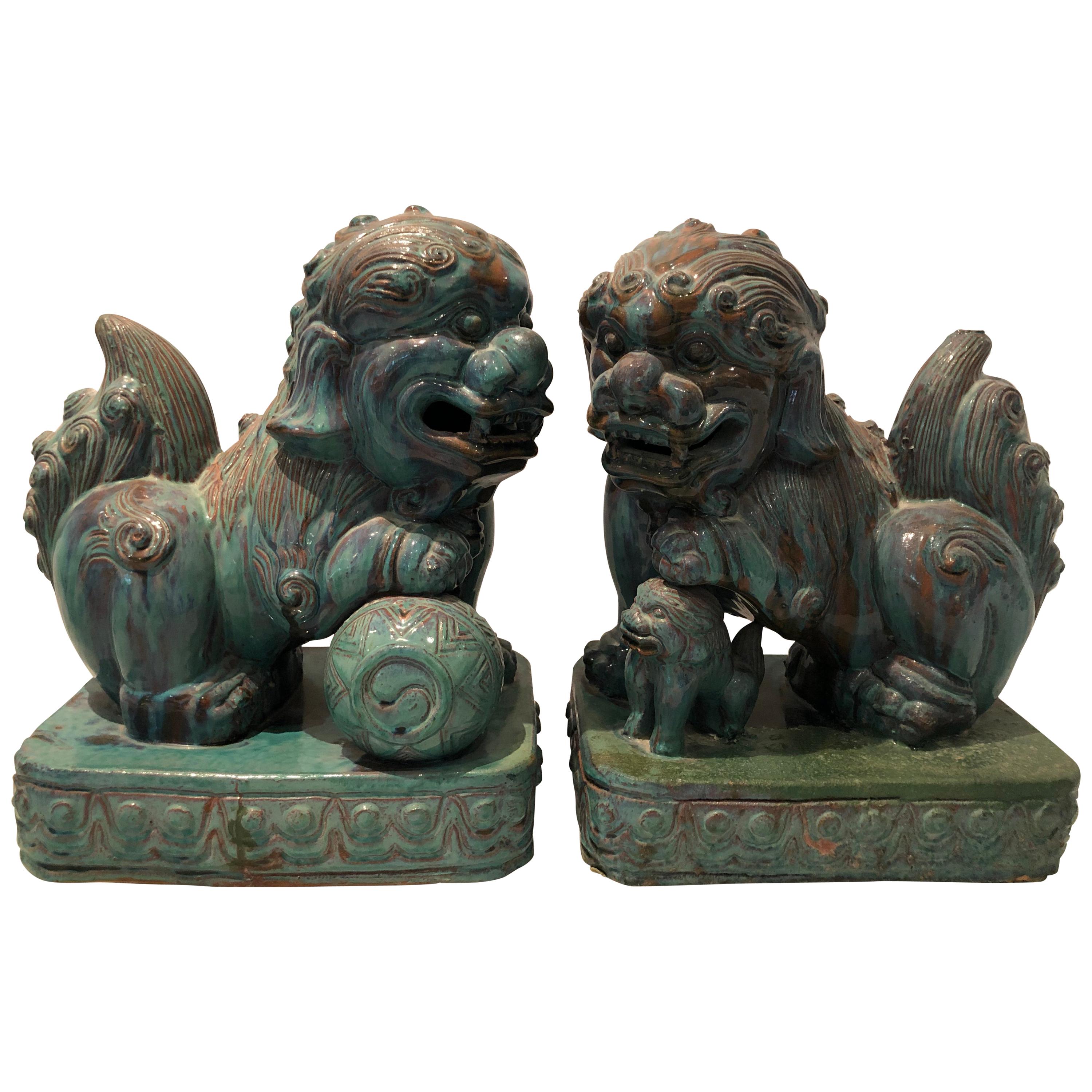 Dramatic Pair of Large Chinese Foo Dogs with Turquoise Glaze