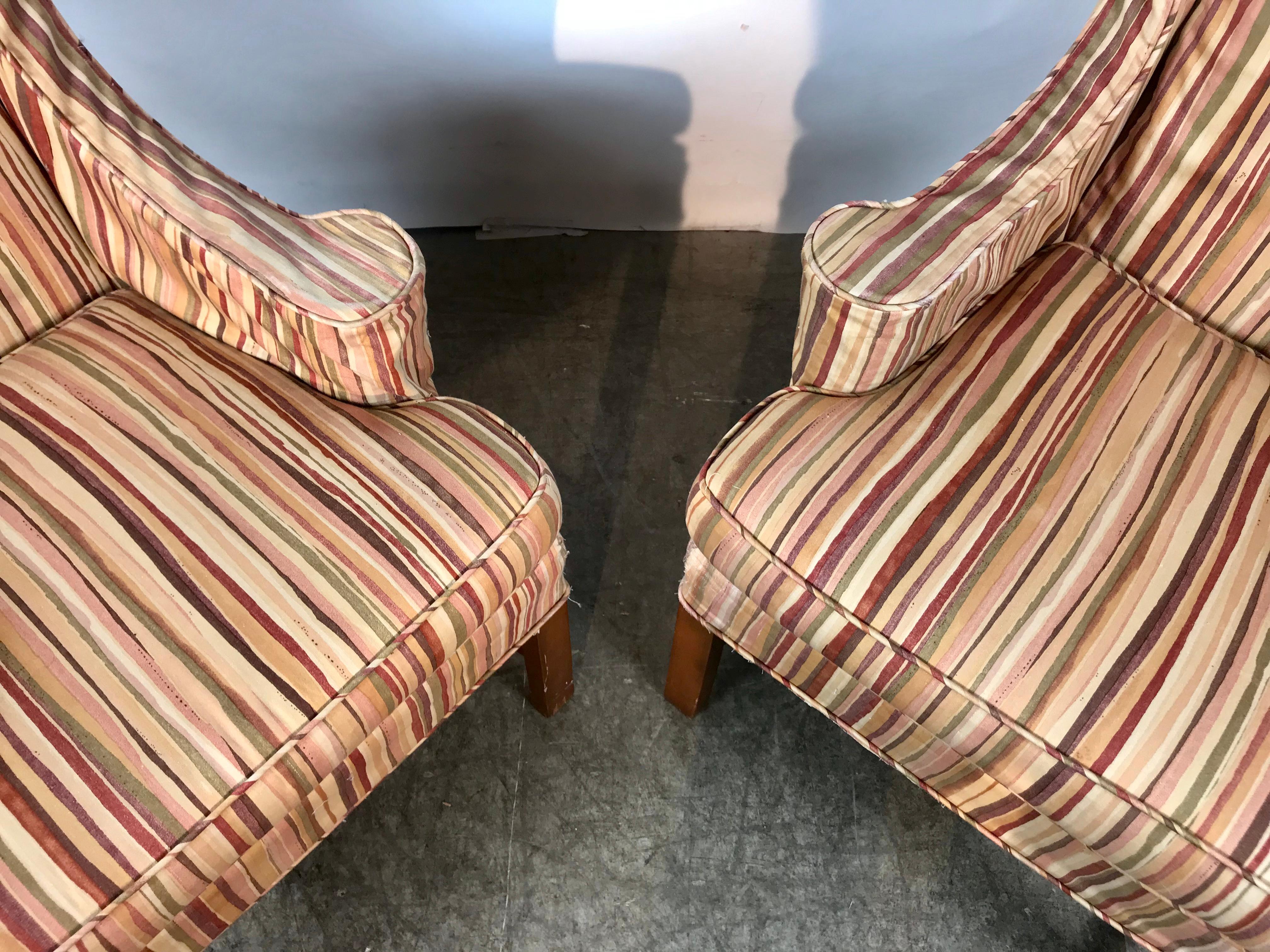 Dramatic Pair of Wing Back Scroll Arm Chairs Attributed to Kittinger 3