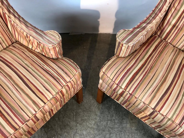 Dramatic Pair of Wing Back Scroll Arm Chairs Attributed to Kittinger For Sale 3