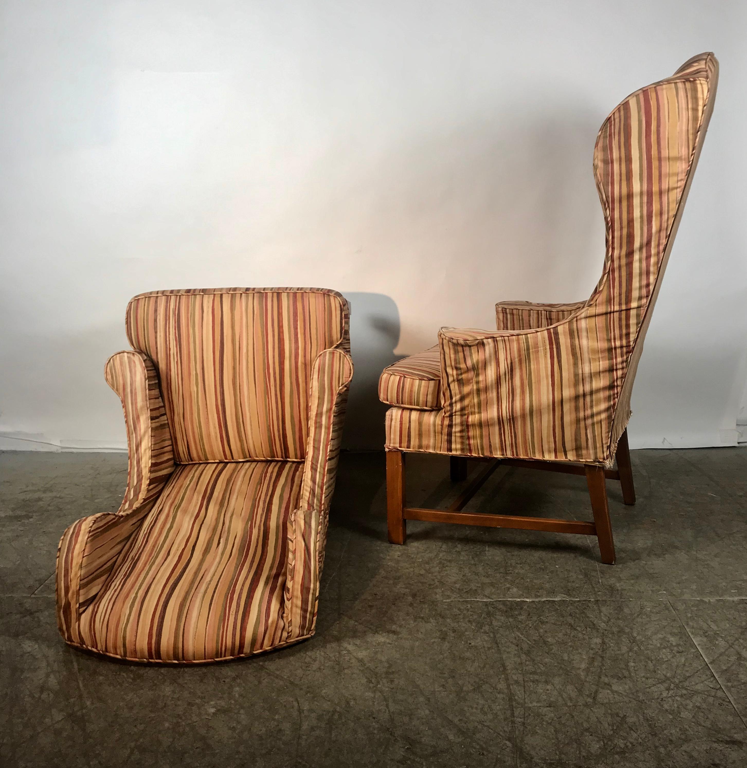 Dramatic Pair of Wing Back Scroll Arm Chairs Attributed to Kittinger 4