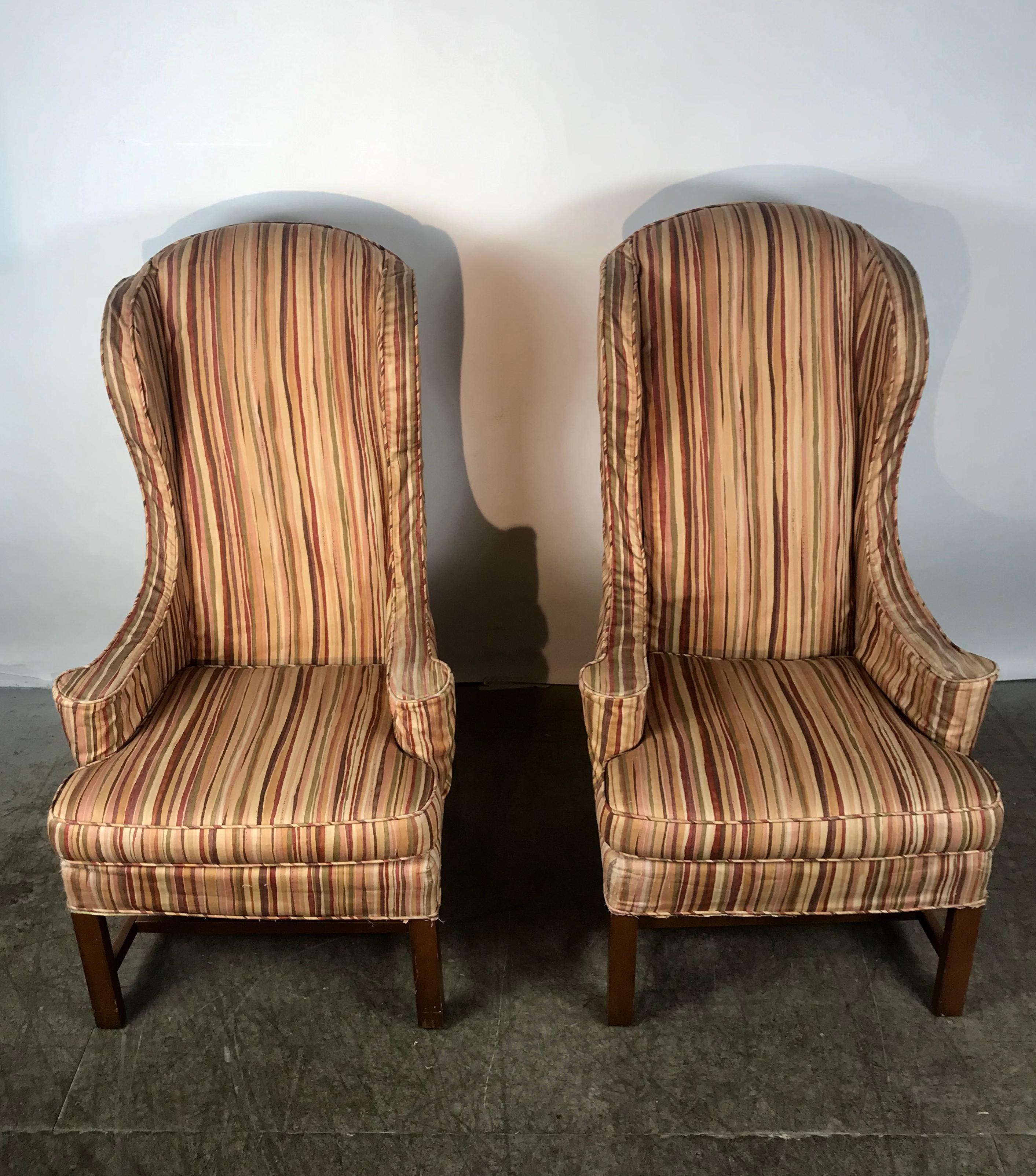 American Classical Dramatic Pair of Wing Back Scroll Arm Chairs Attributed to Kittinger