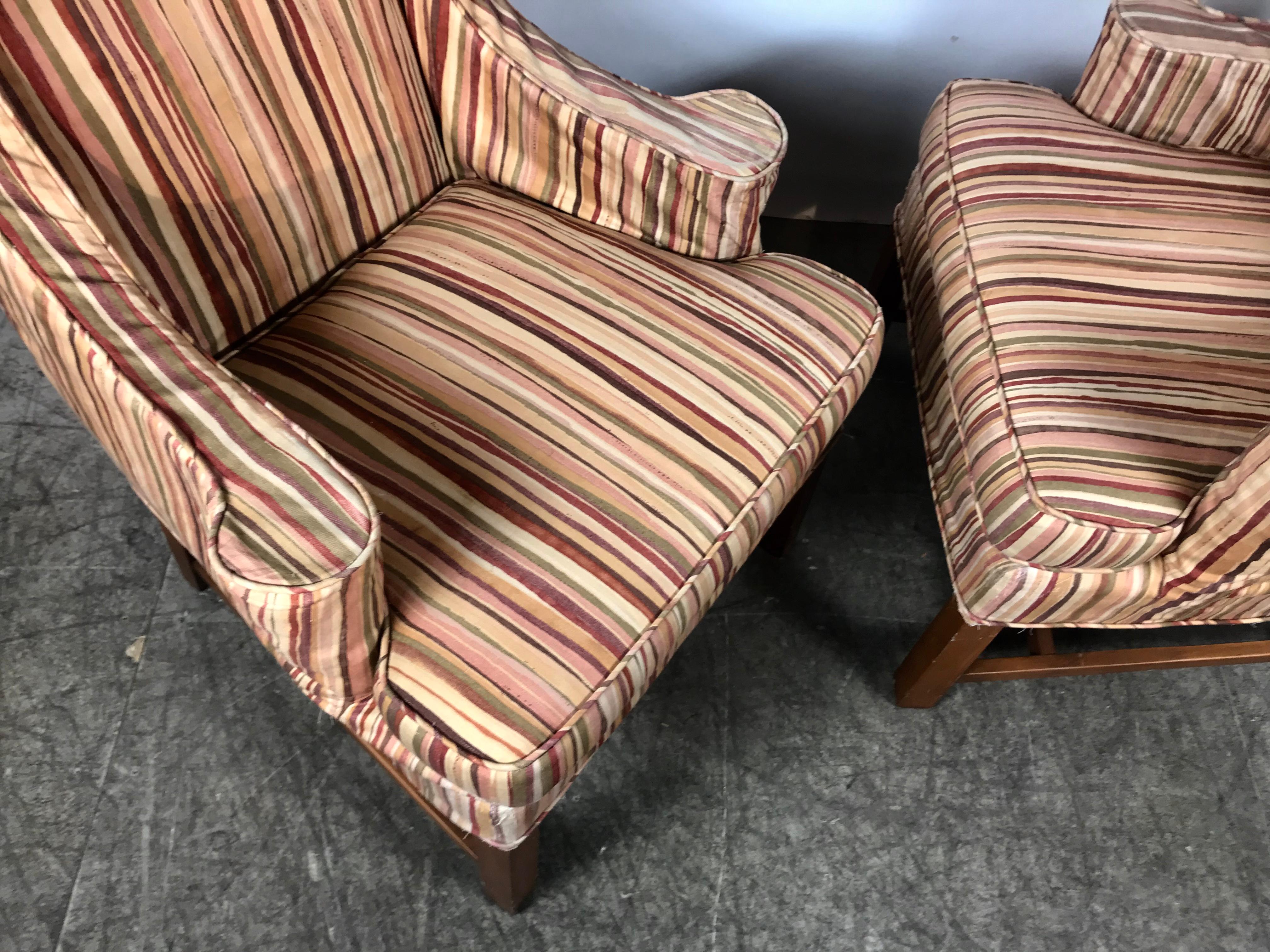 Dramatic Pair of Wing Back Scroll Arm Chairs Attributed to Kittinger In Good Condition In Buffalo, NY