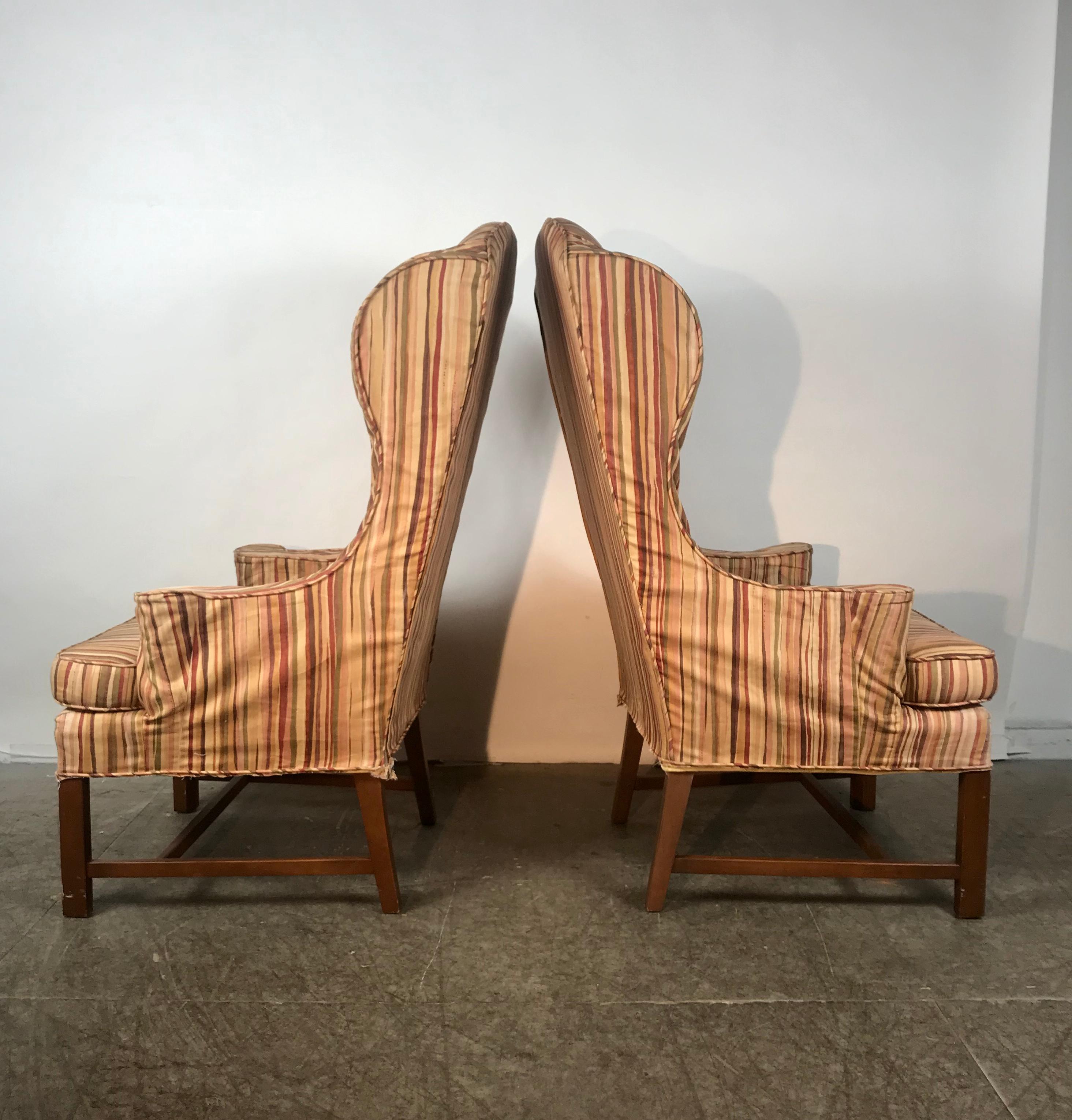 20th Century Dramatic Pair of Wing Back Scroll Arm Chairs Attributed to Kittinger