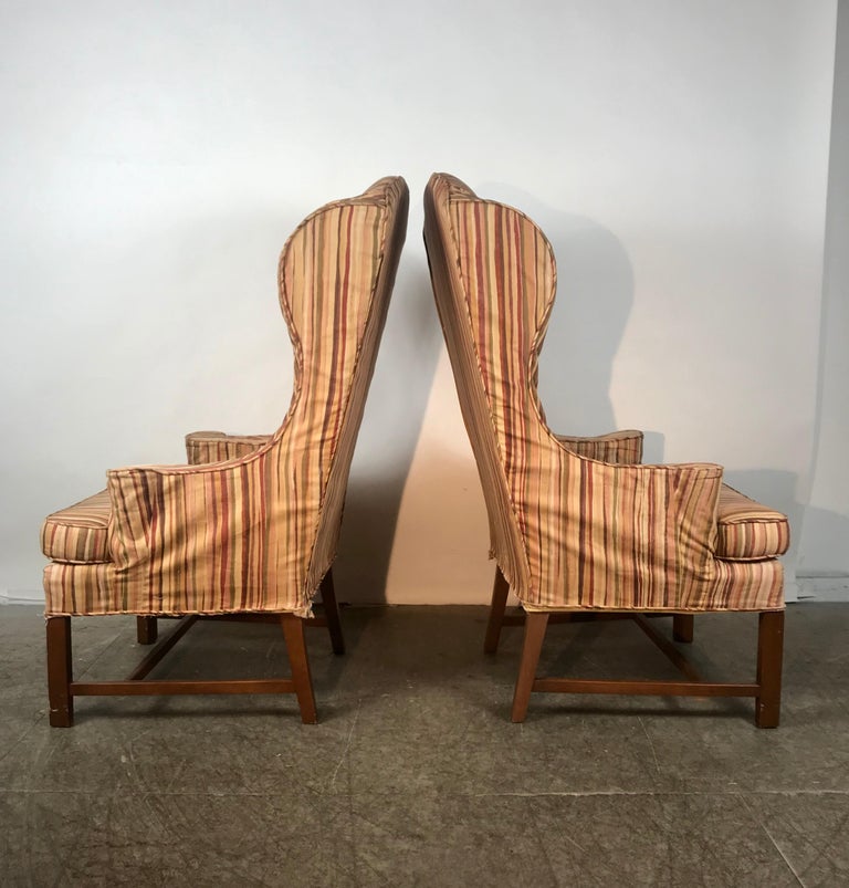 20th Century Dramatic Pair of Wing Back Scroll Arm Chairs Attributed to Kittinger For Sale