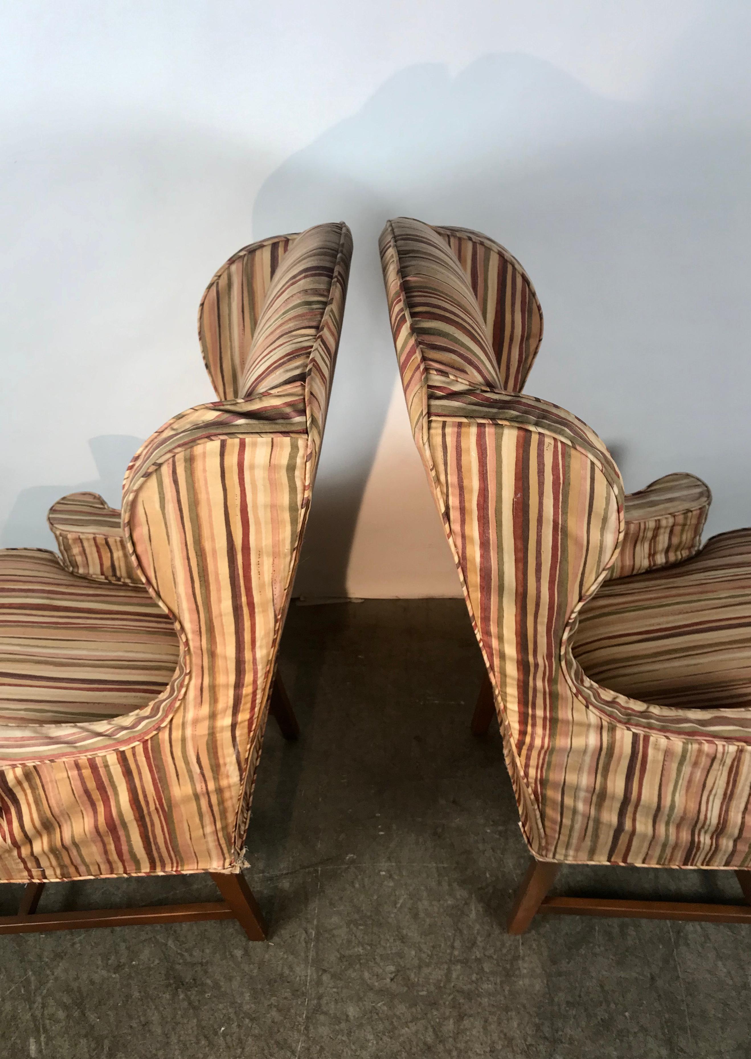 Fabric Dramatic Pair of Wing Back Scroll Arm Chairs Attributed to Kittinger