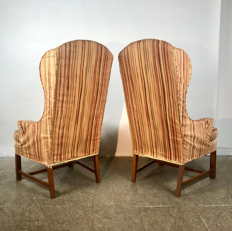 Dramatic Pair of Wing Back Scroll Arm Chairs Attributed to Kittinger For Sale 1