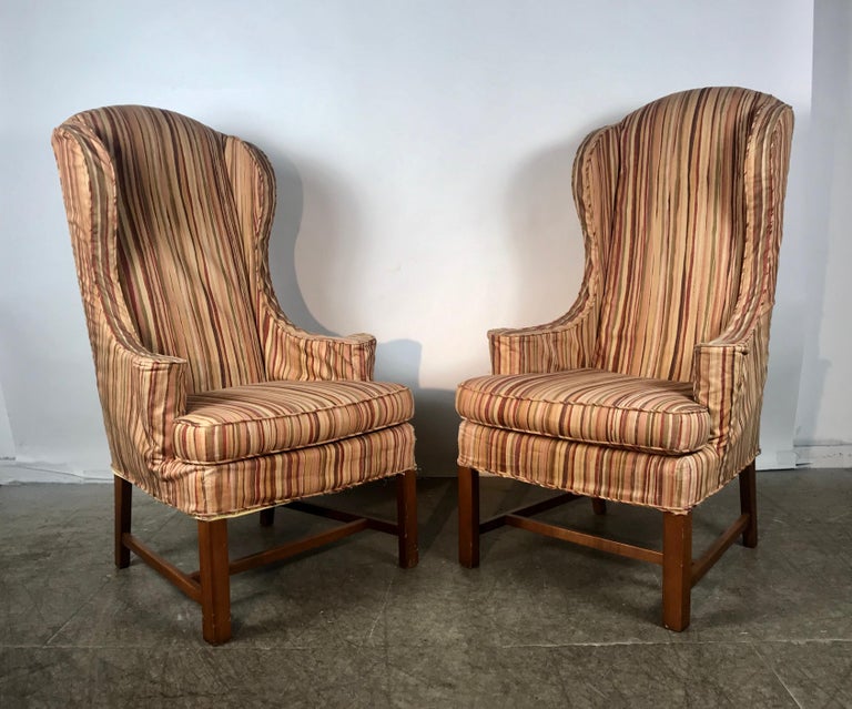 Dramatic Pair of Wing Back Scroll Arm Chairs Attributed to Kittinger For Sale 2