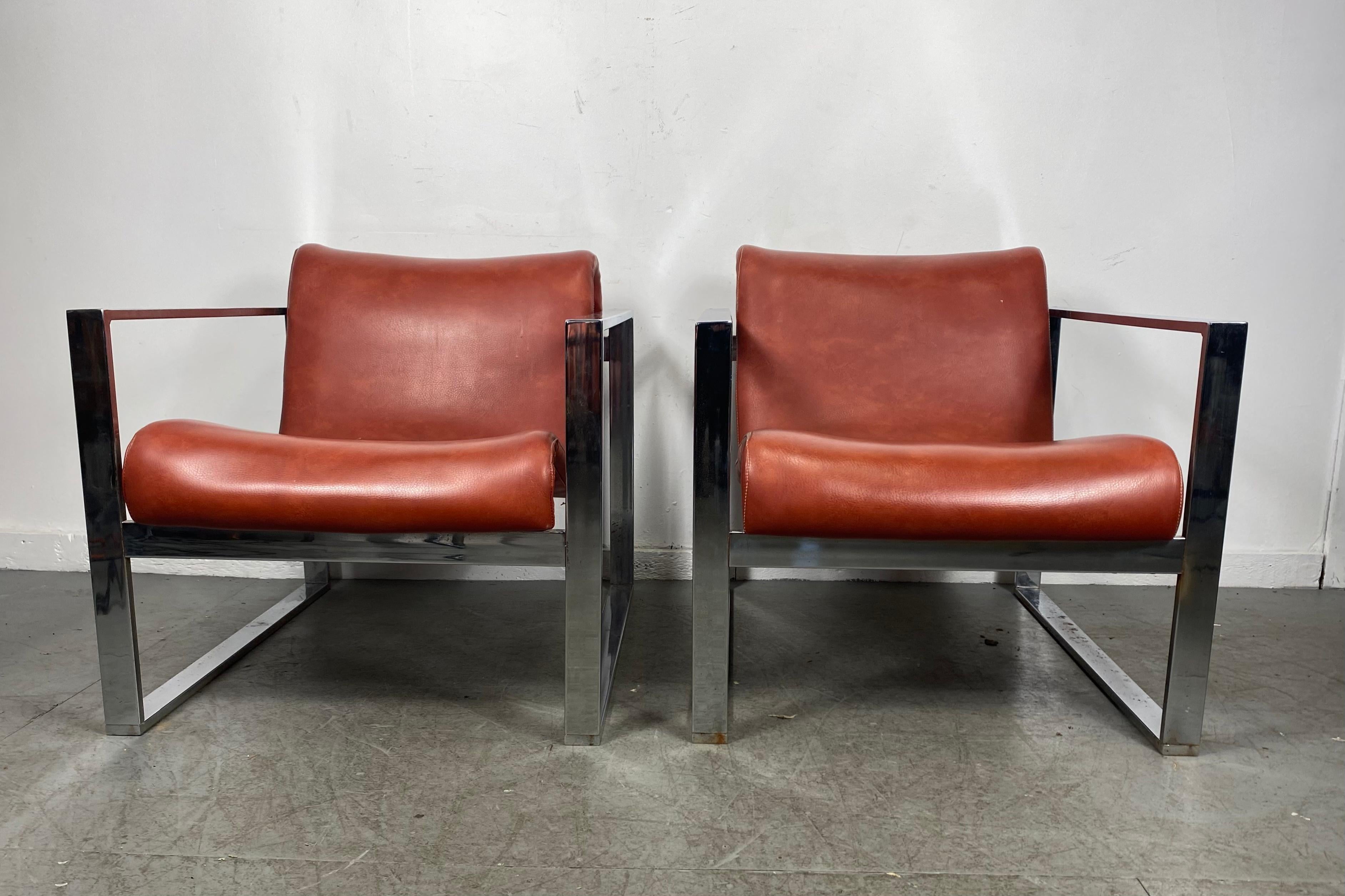 Mid-Century Modern Dramatic Pair Stylized Chrome Frame Lounge Chairs, After Milo Baughman
