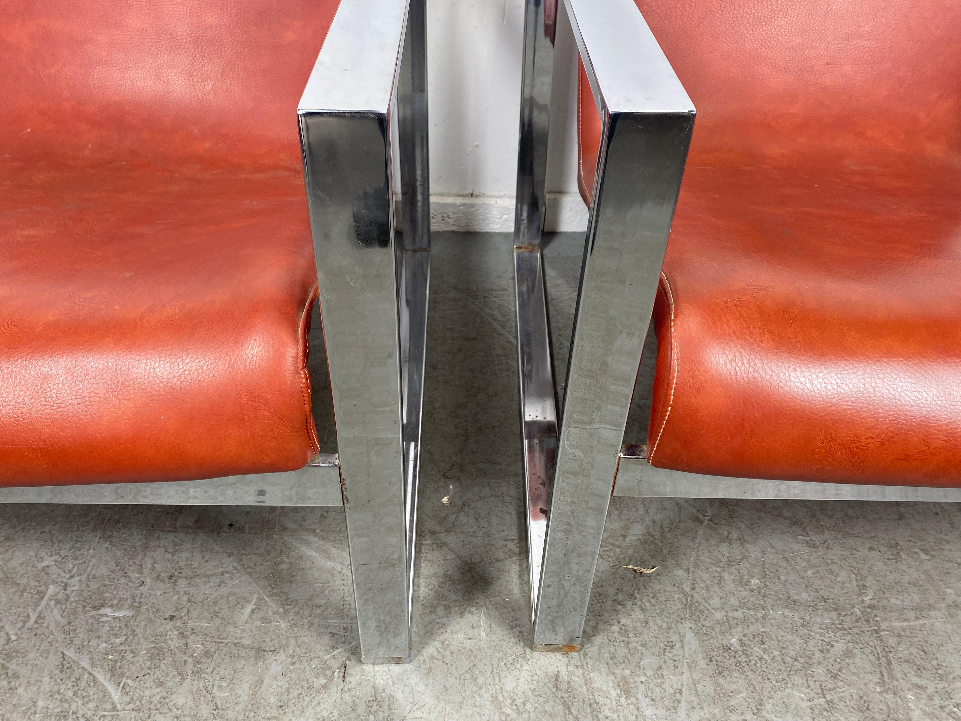 American Dramatic Pair Stylized Chrome Frame Lounge Chairs, After Milo Baughman