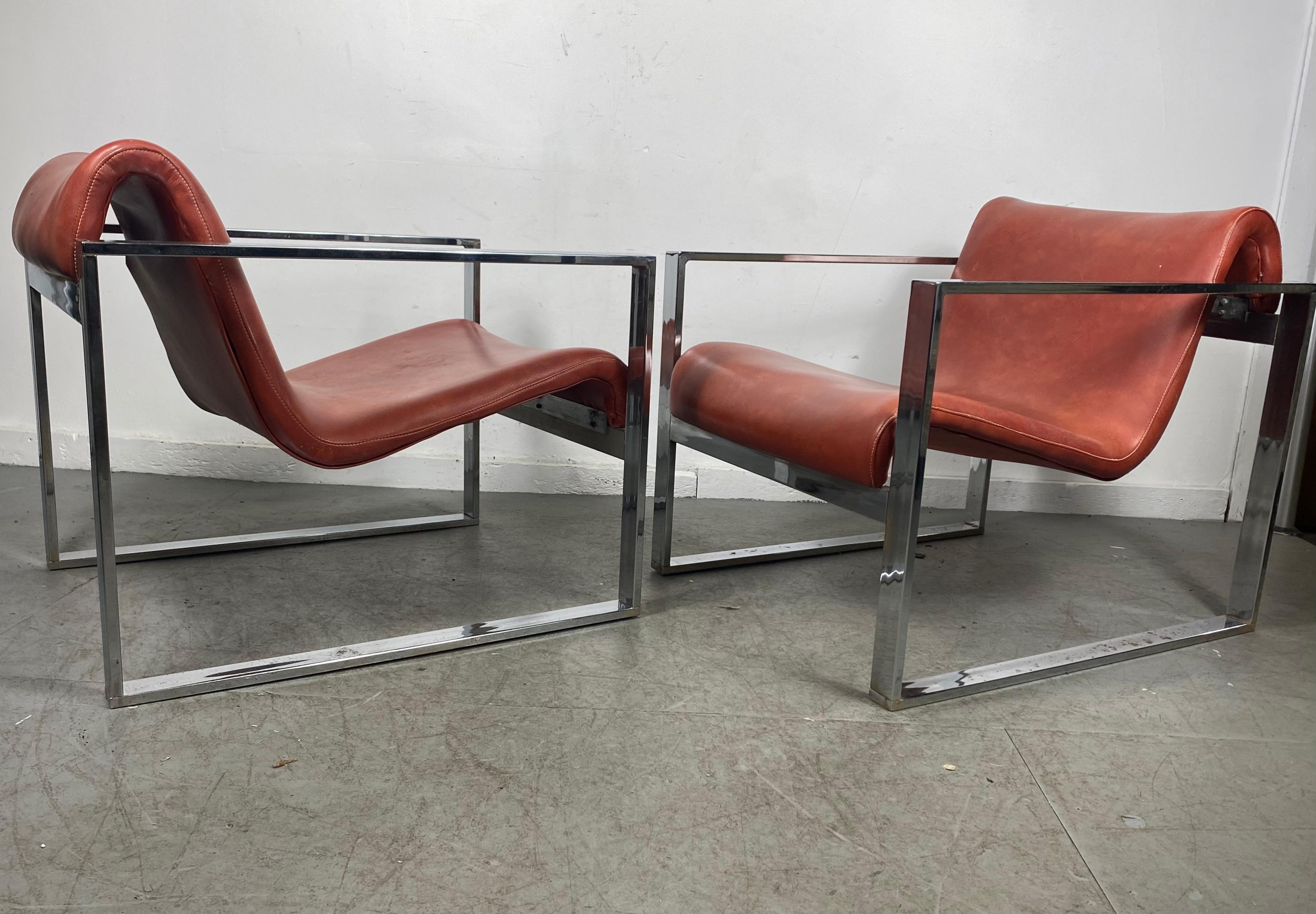 Dramatic Pair Stylized Chrome Frame Lounge Chairs, After Milo Baughman 1