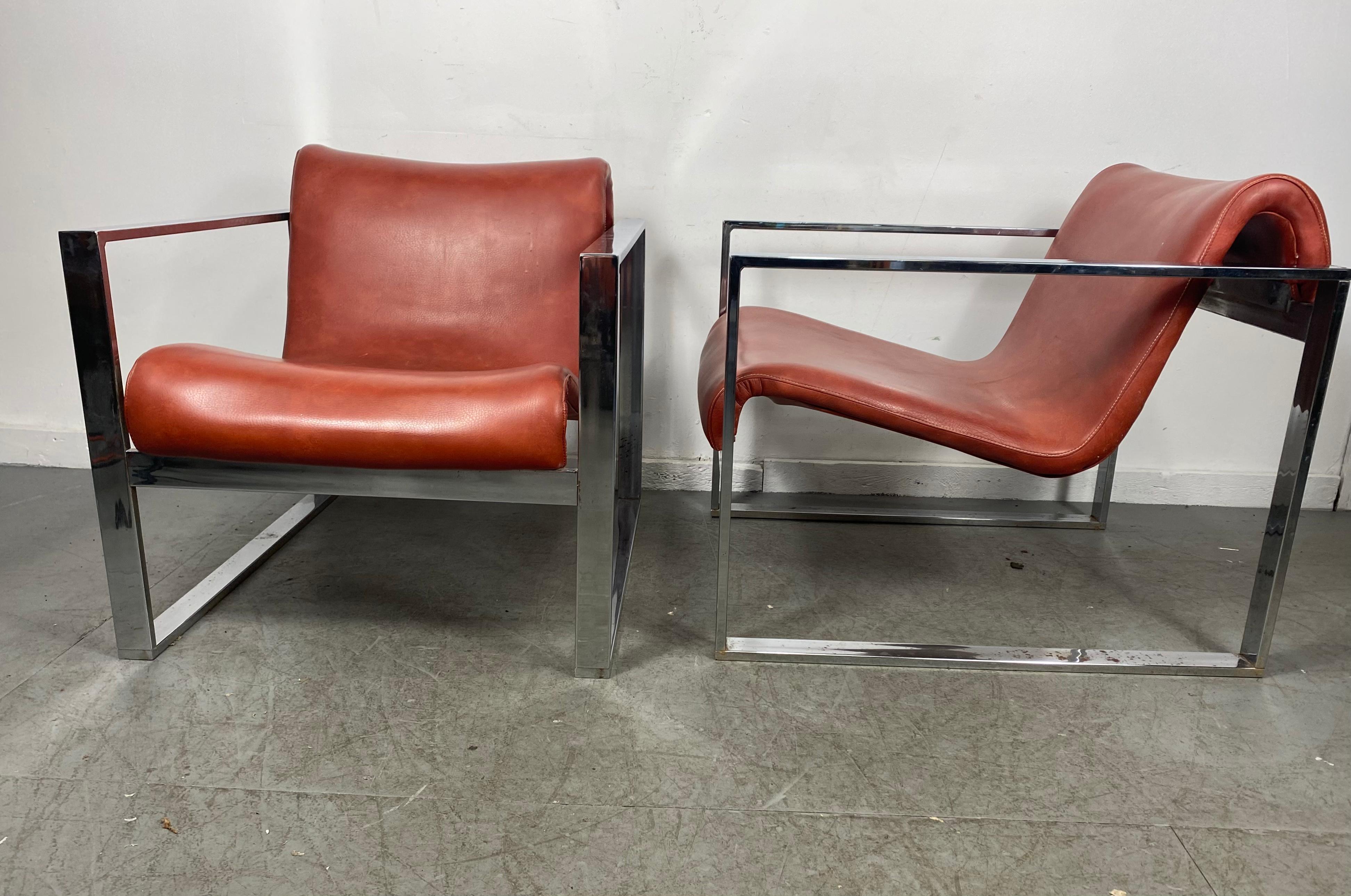 Dramatic Pair Stylized Chrome Frame Lounge Chairs, After Milo Baughman 2