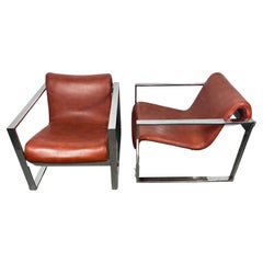 Dramatic Pair Stylized Chrome Frame Lounge Chairs, After Milo Baughman