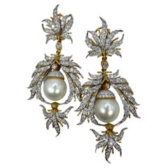 Dramatic Platinum, Gold, Diamond & 15mm South Sea Pearl Earrings 3.5 inches Long