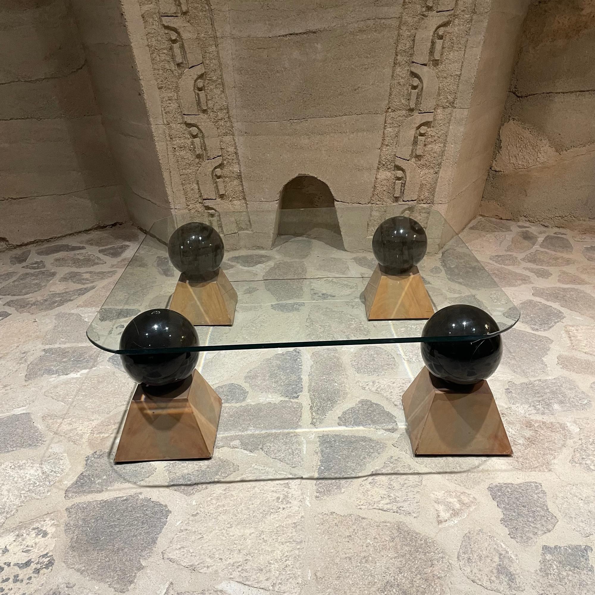 Post-Modern Dramatic Postmodern Glass Coffee Table Four Spheres on Pyramid Wood Base 1970s