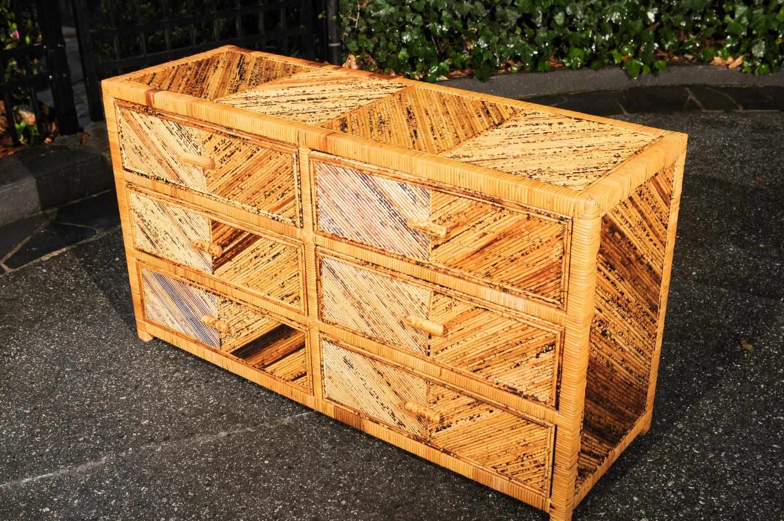 Dramatic Restored Cane and Chevron Bamboo Commode, Philippines, circa 1975 For Sale 6