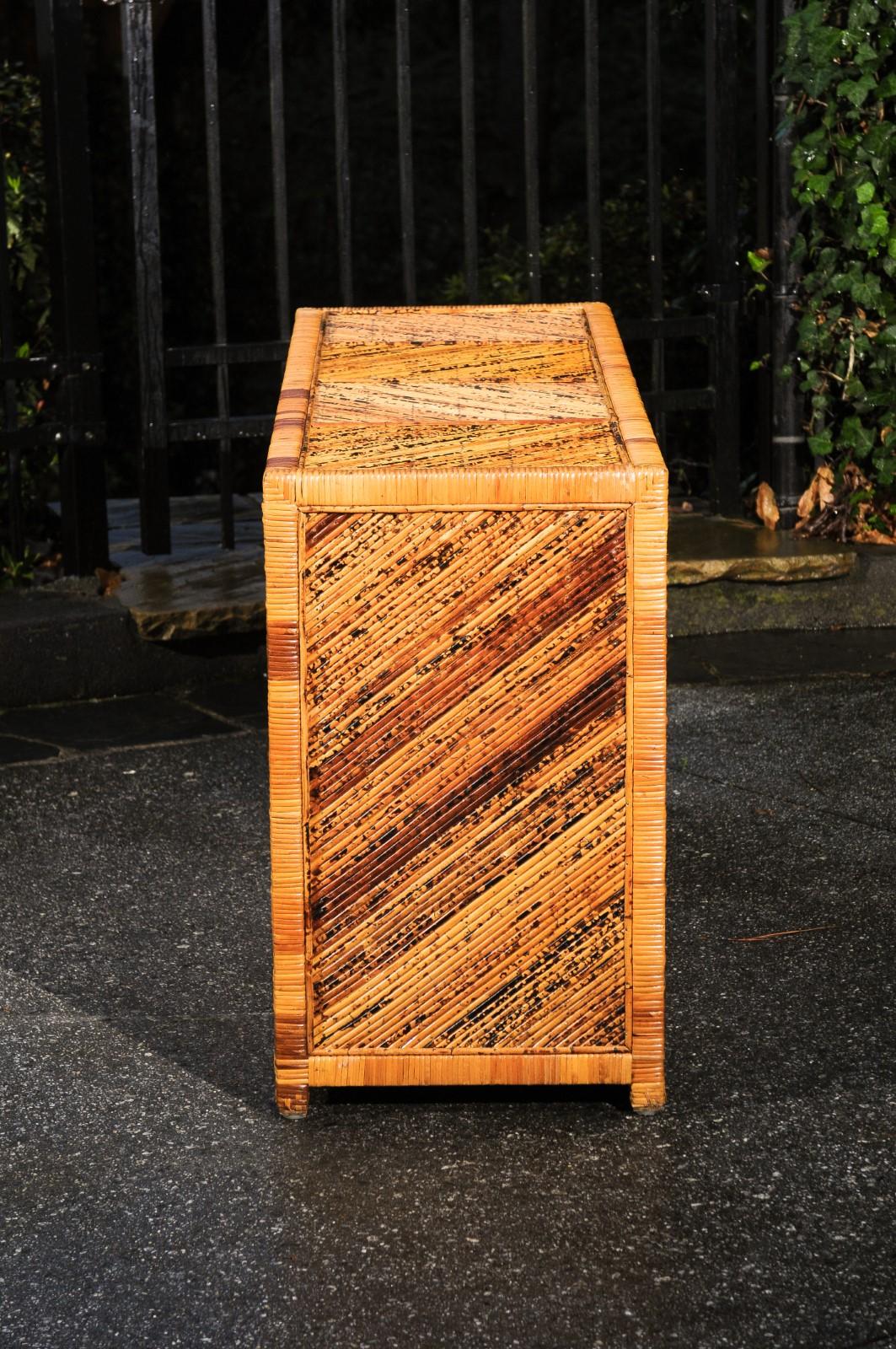 Organic Modern Dramatic Restored Cane and Chevron Bamboo Commode, Philippines, circa 1975 For Sale