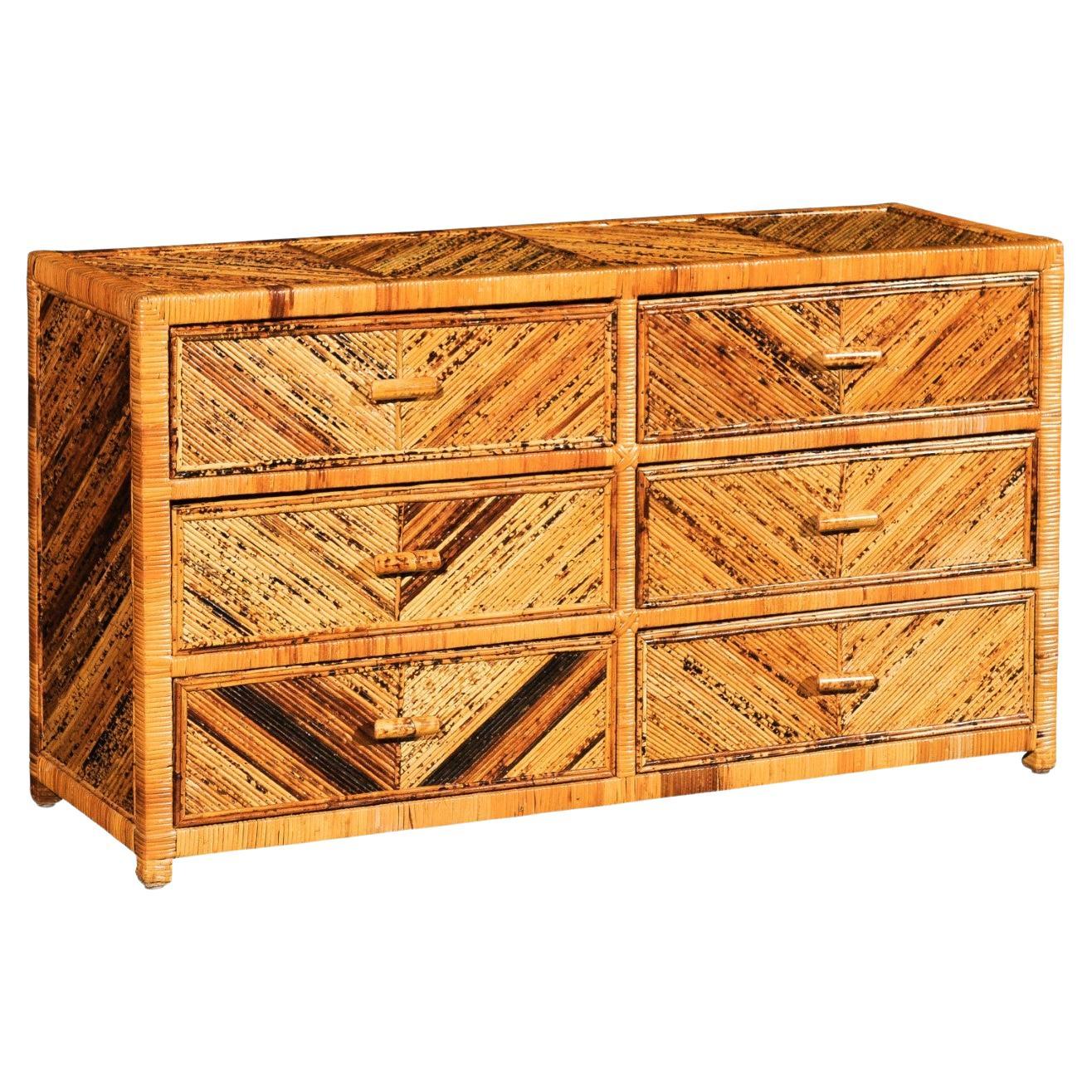 Dramatic Restored Cane and Chevron Bamboo Commode, Philippines, circa 1975 For Sale