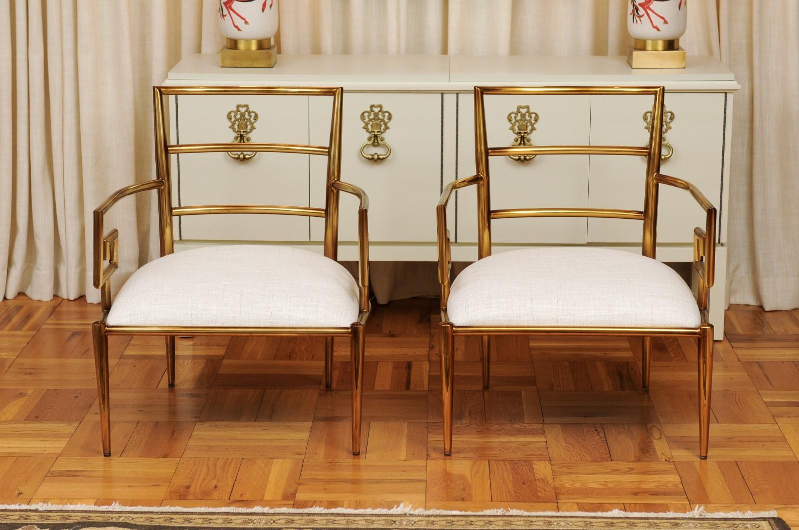 Late 20th Century Dramatic Restored Pair of Brass Greek Key Armchairs  For Sale