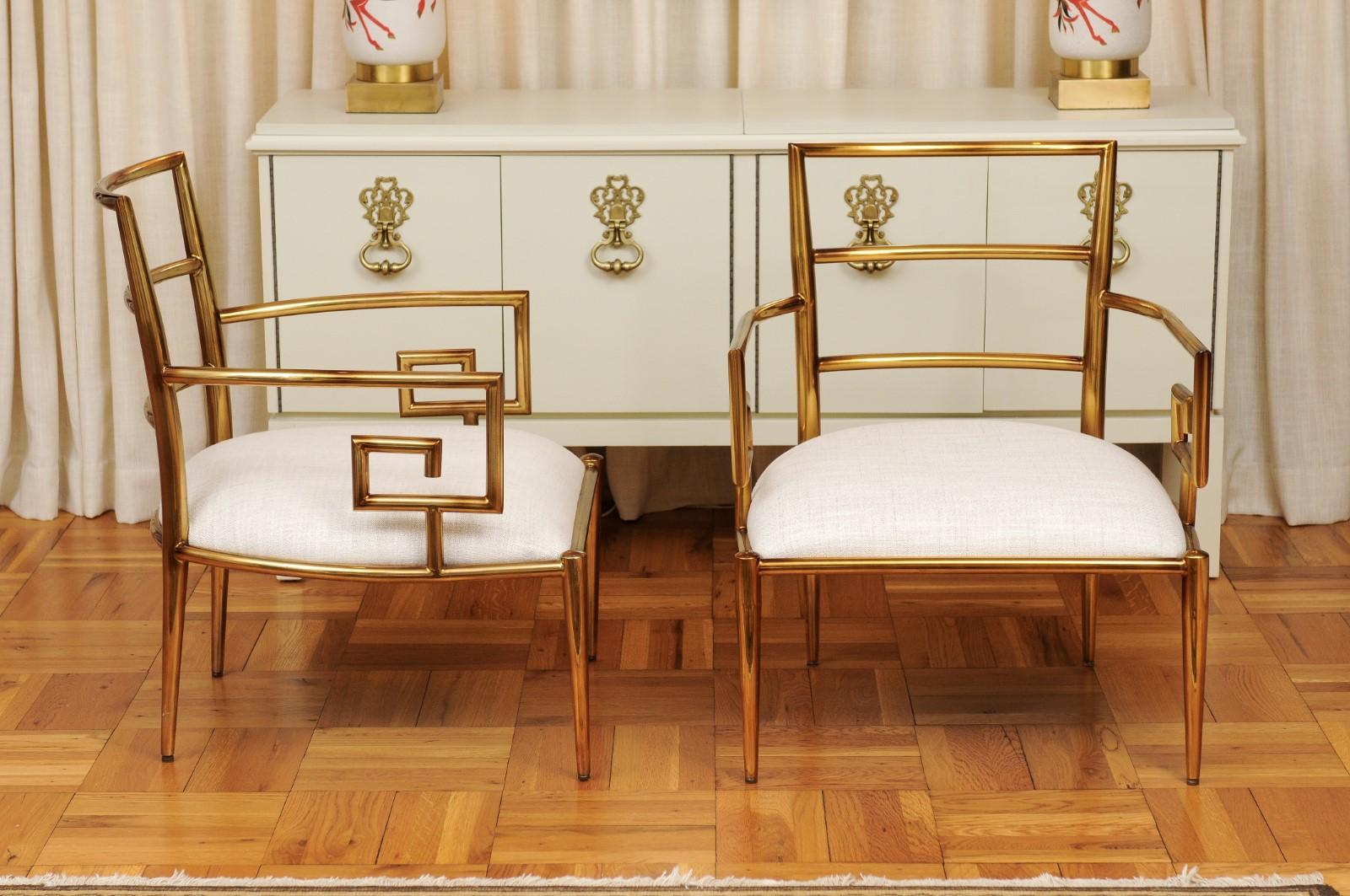 Dramatic Restored Pair of Brass Greek Key Armchairs  For Sale 1