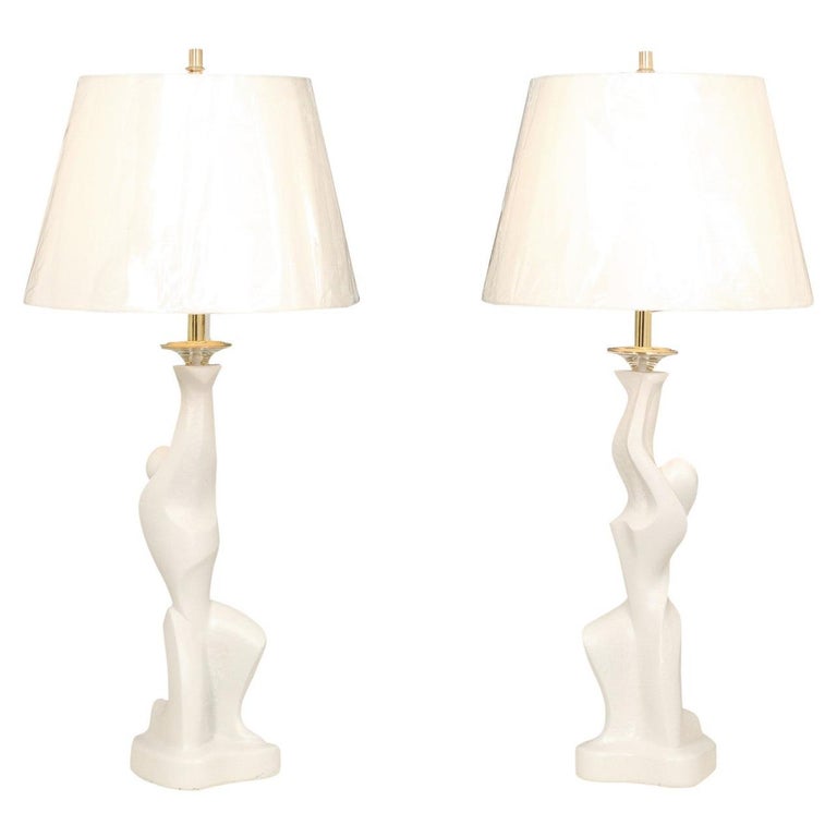 Dramatic Restored Pair of Plaster Art Deco Figures, circa 1940, as Custom Lamps For Sale