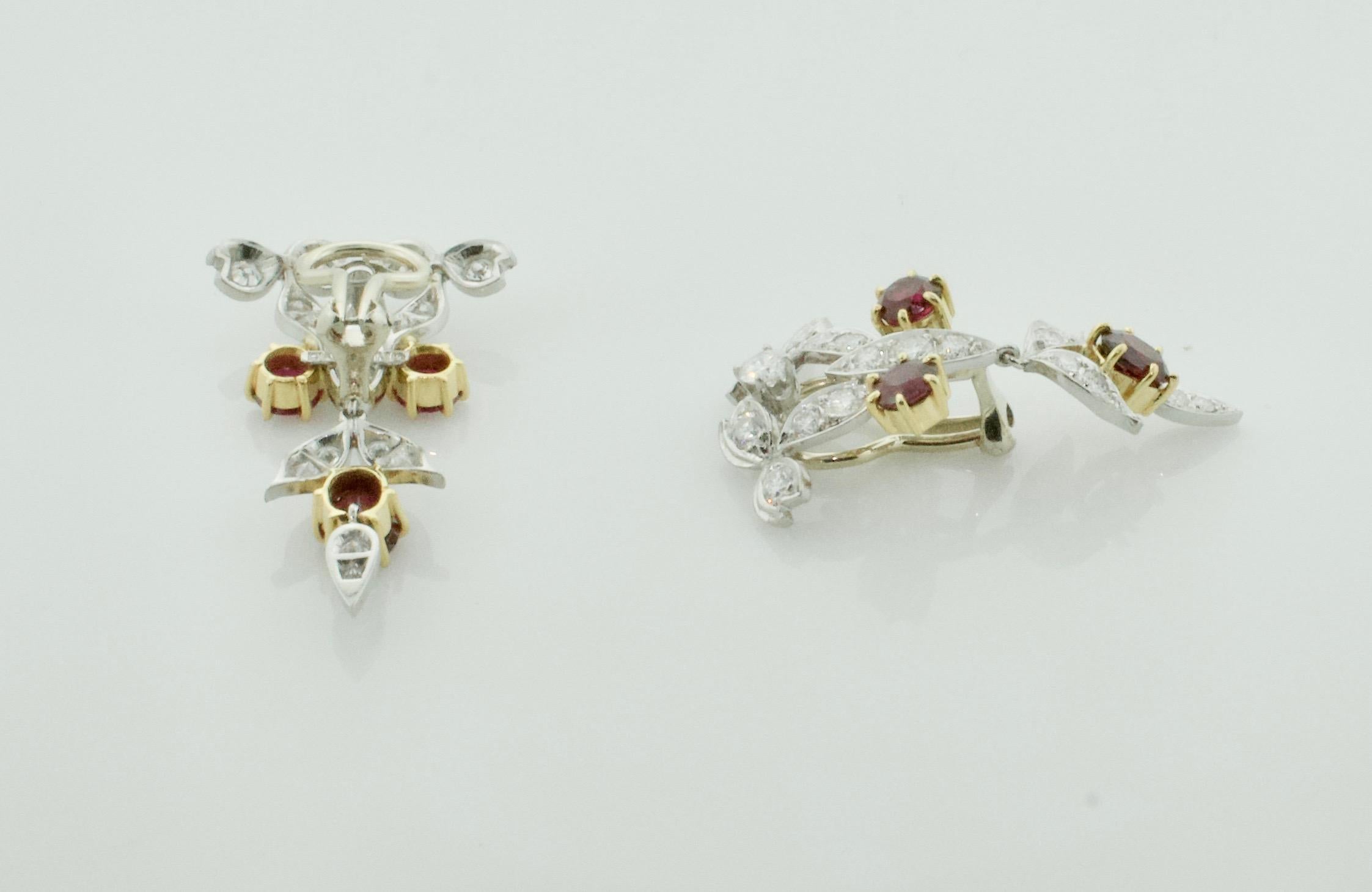 Dramatic Ruby and Diamond Dangling Earrings circa 1940s in Platinum and 18 Karat In Excellent Condition In Wailea, HI