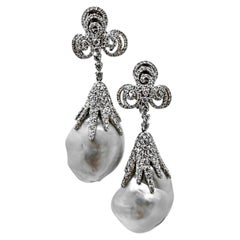 Dramatic Semi Baroque Pearl & Diamond Dangle Earrings 2 1/2 Inches 10Ct Total AW