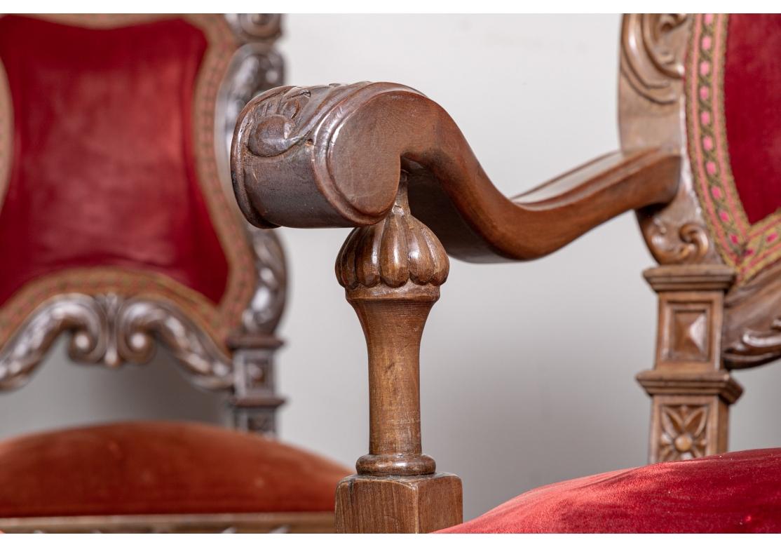 Dramatic Set of 17th Century Style Carved and Velvet Upholstered Dining Chairs For Sale 4