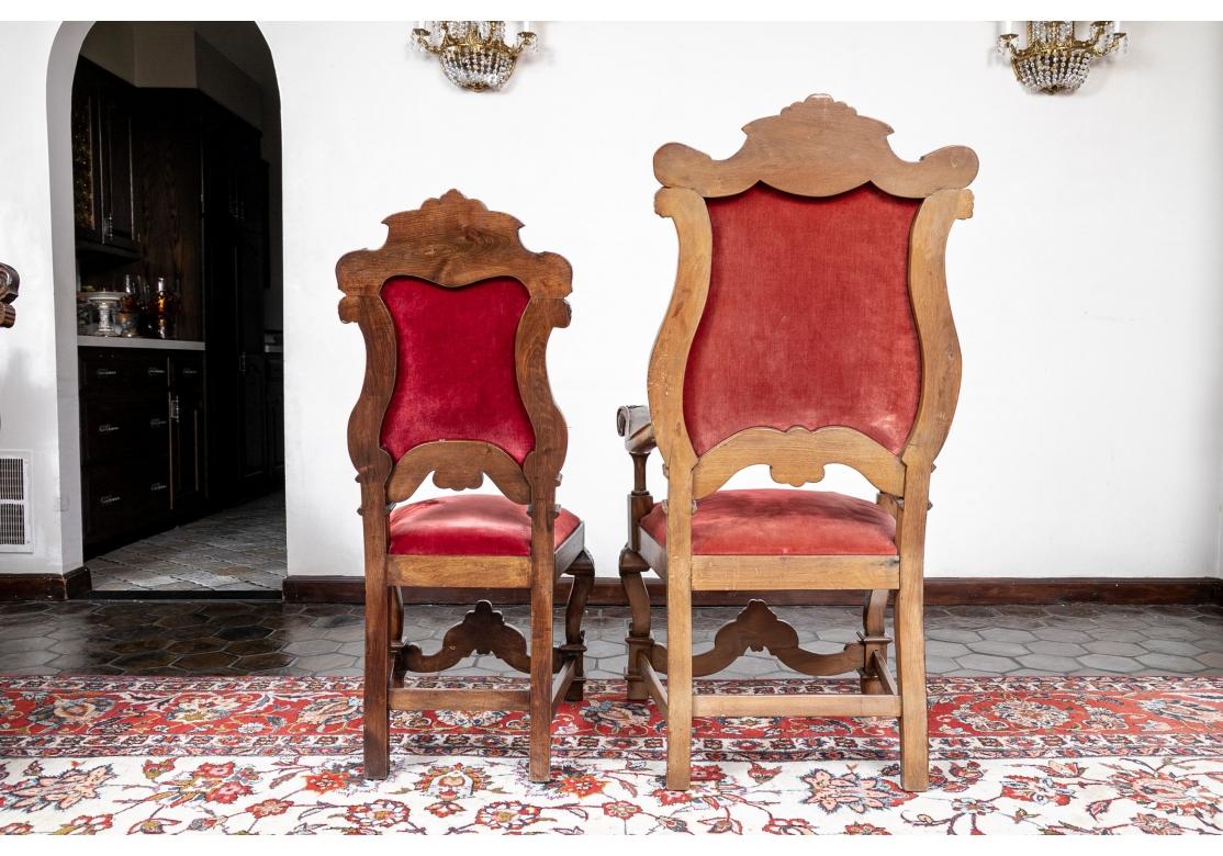 Dramatic Set of 17th Century Style Carved and Velvet Upholstered Dining Chairs For Sale 8