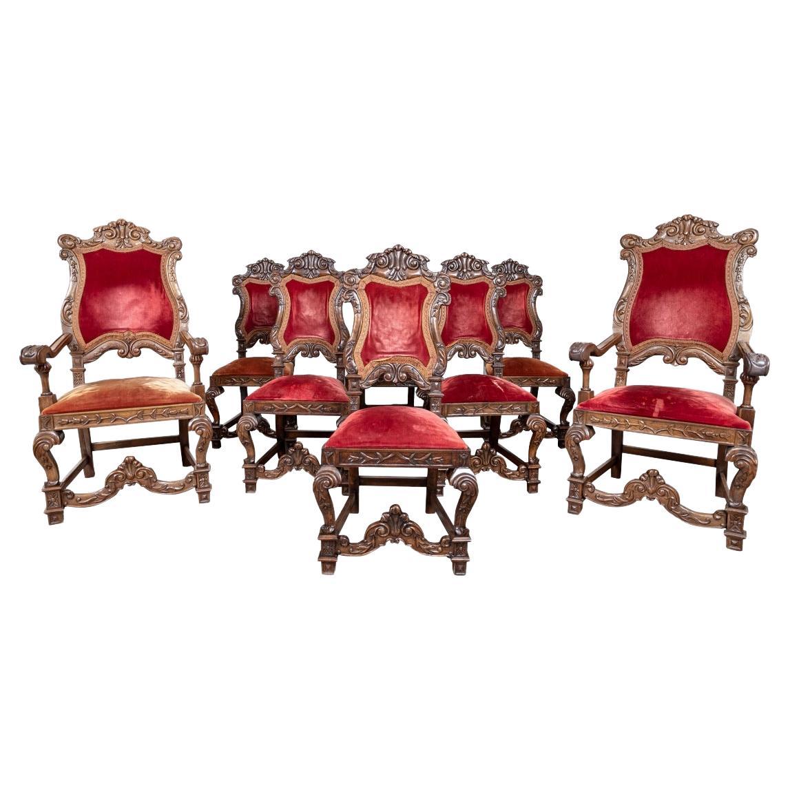 Dramatic Set of 17th Century Style Carved and Velvet Upholstered Dining Chairs For Sale