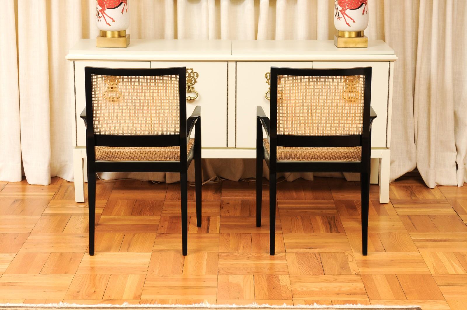 Dramatic Set of 20 Black Lacquer Double Cane Arm Chairs by Michael Taylor For Sale 2