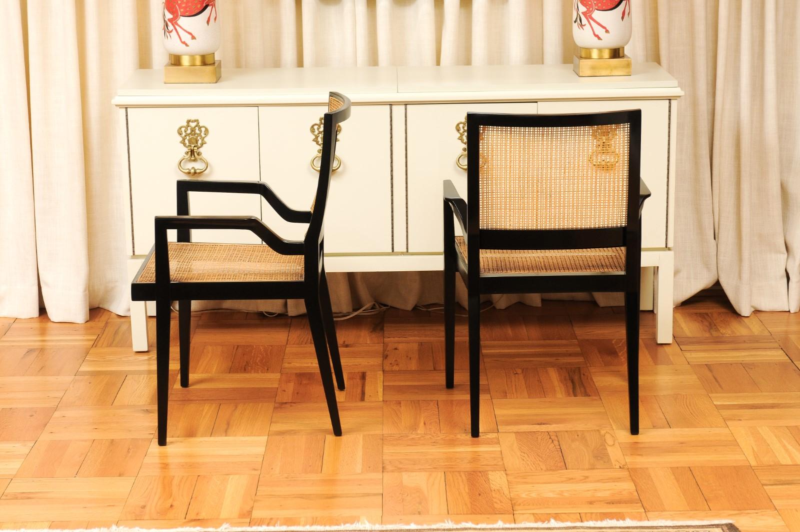 Dramatic Set of 20 Black Lacquer Double Cane Arm Chairs by Michael Taylor For Sale 3