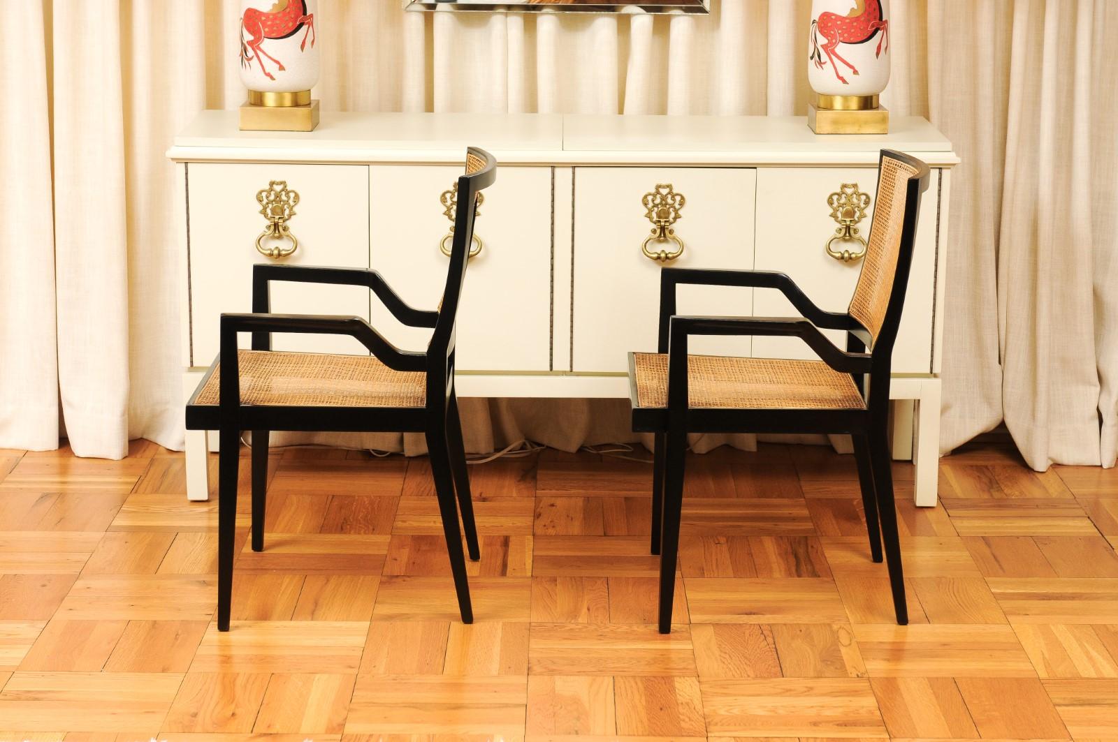Dramatic Set of 20 Black Lacquer Double Cane Arm Chairs by Michael Taylor For Sale 4