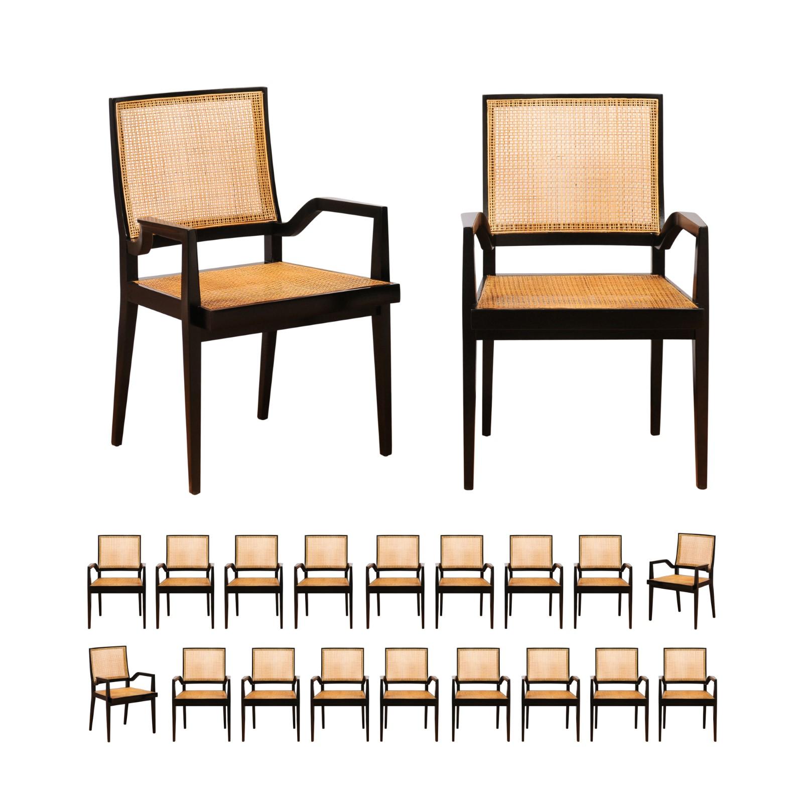 This large all arms set of impossible to find seating examples is unique on the world market. These magnificent dining chairs are shipped as professionally photographed and described in the listing narrative: meticulously professionally restored and