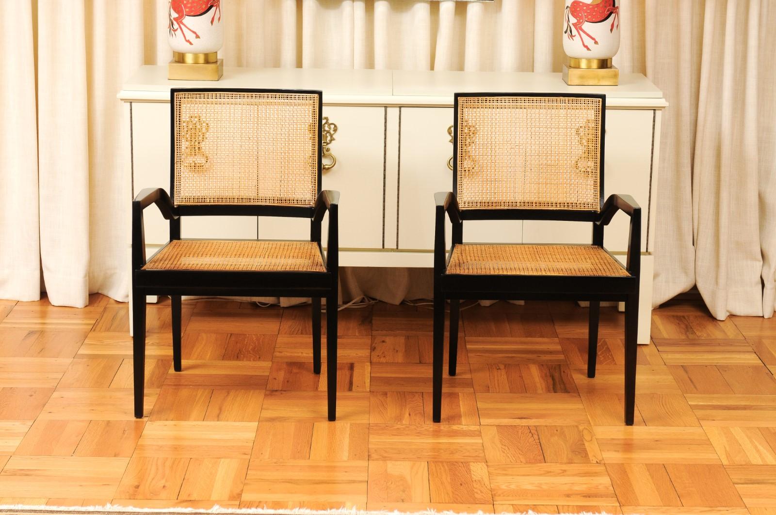 American Dramatic Set of 20 Black Lacquer Double Cane Arm Chairs by Michael Taylor For Sale