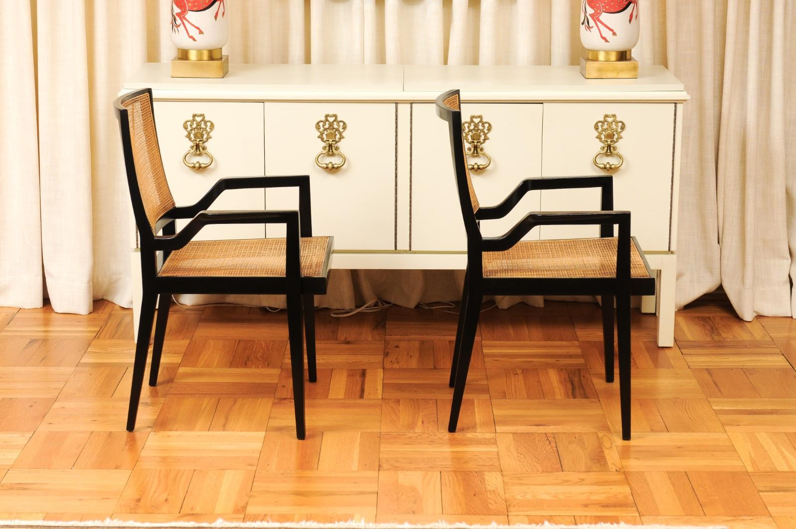Mid-20th Century Dramatic Set of 20 Black Lacquer Double Cane Arm Chairs by Michael Taylor For Sale