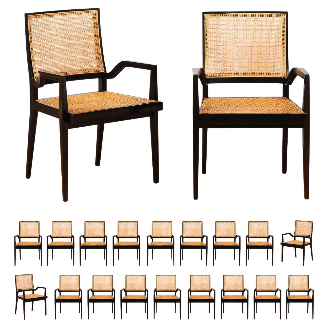 Dramatic Set of 20 Black Lacquer Double Cane Arm Chairs by Michael Taylor