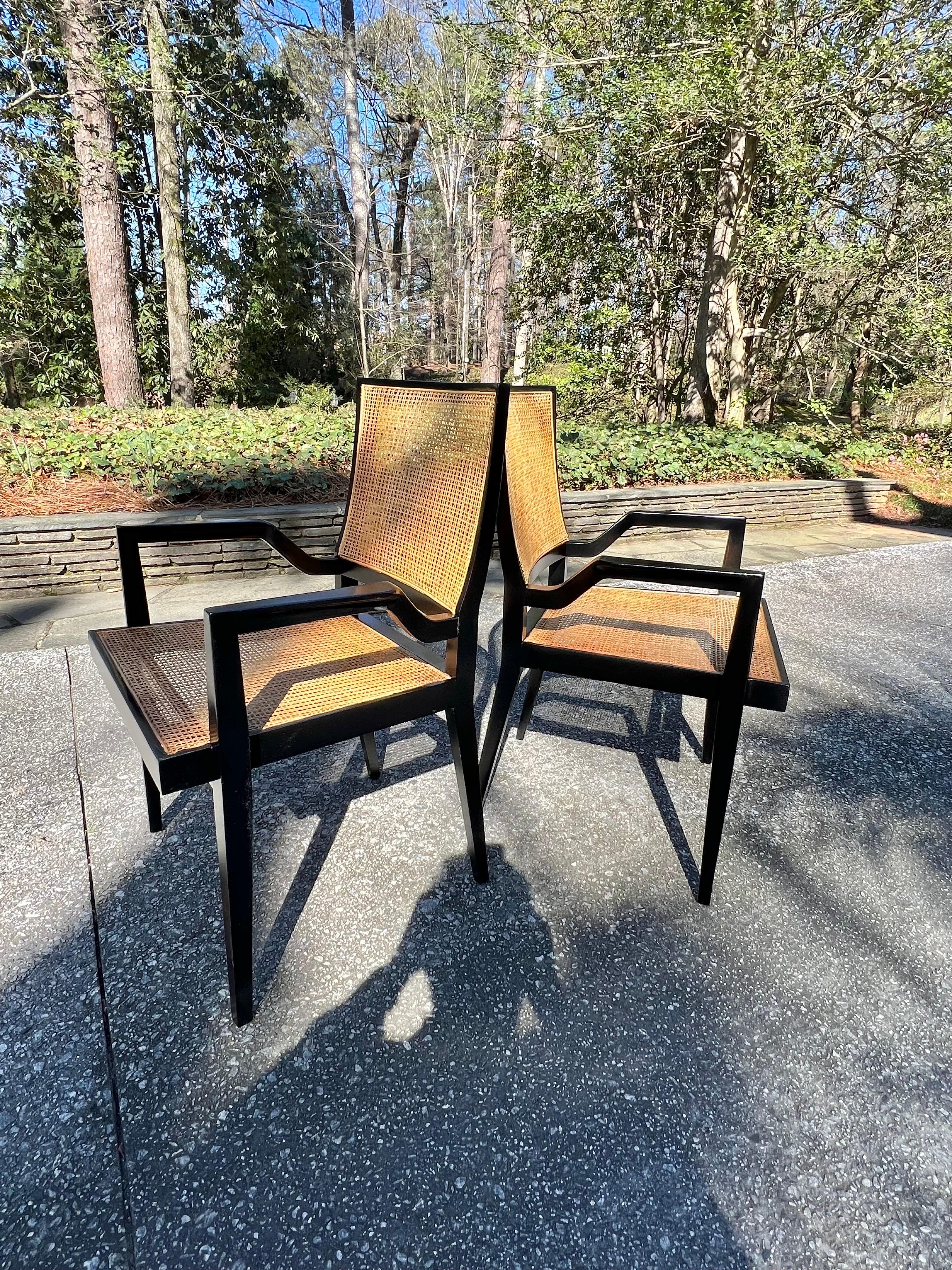 Dramatic Set of 20 Sophisticated Black Lacquer Cane Arm Chairs by Michael Taylor For Sale 8