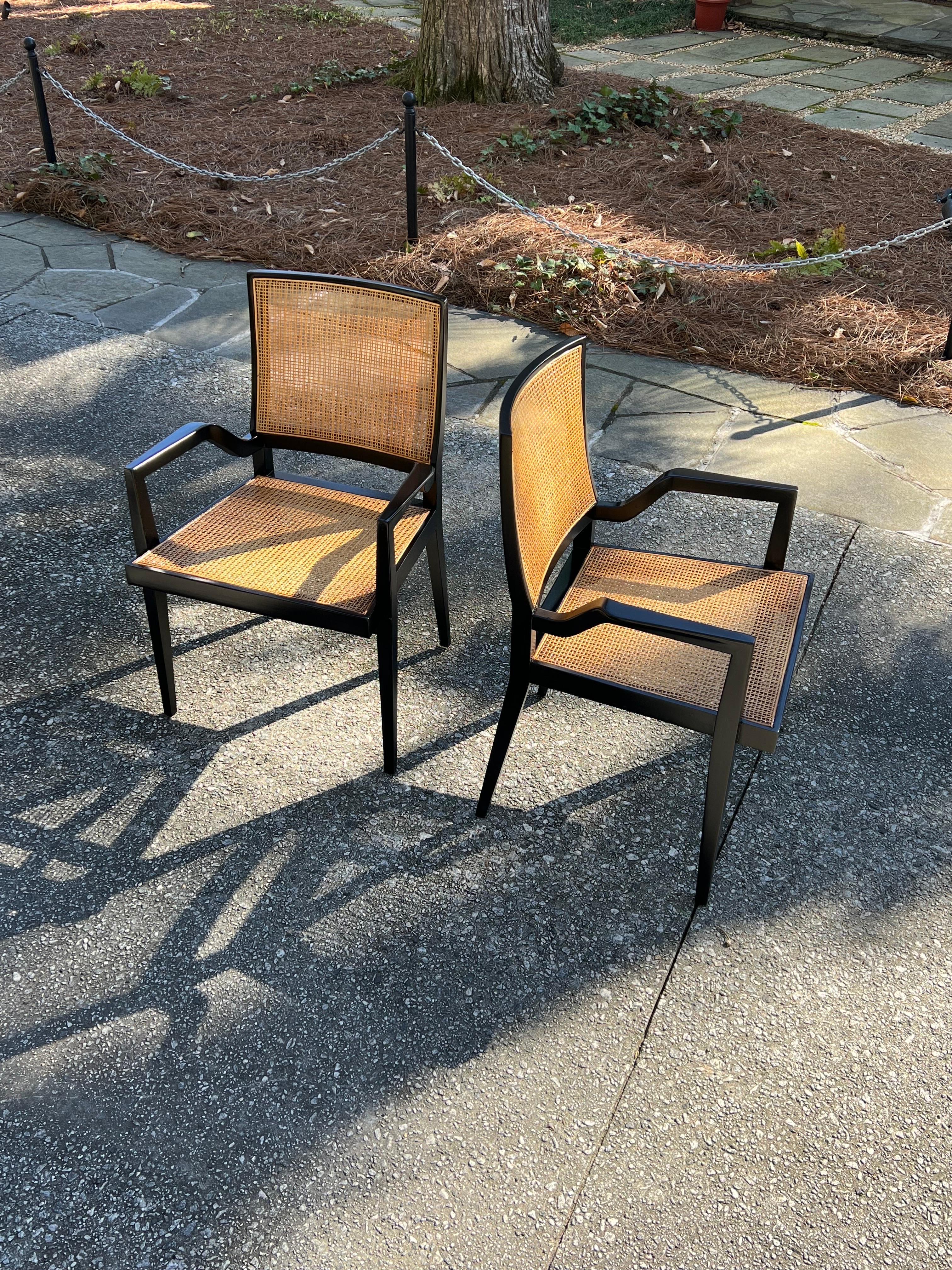 Dramatic Set of 20 Sophisticated Black Lacquer Cane Arm Chairs by Michael Taylor For Sale 9