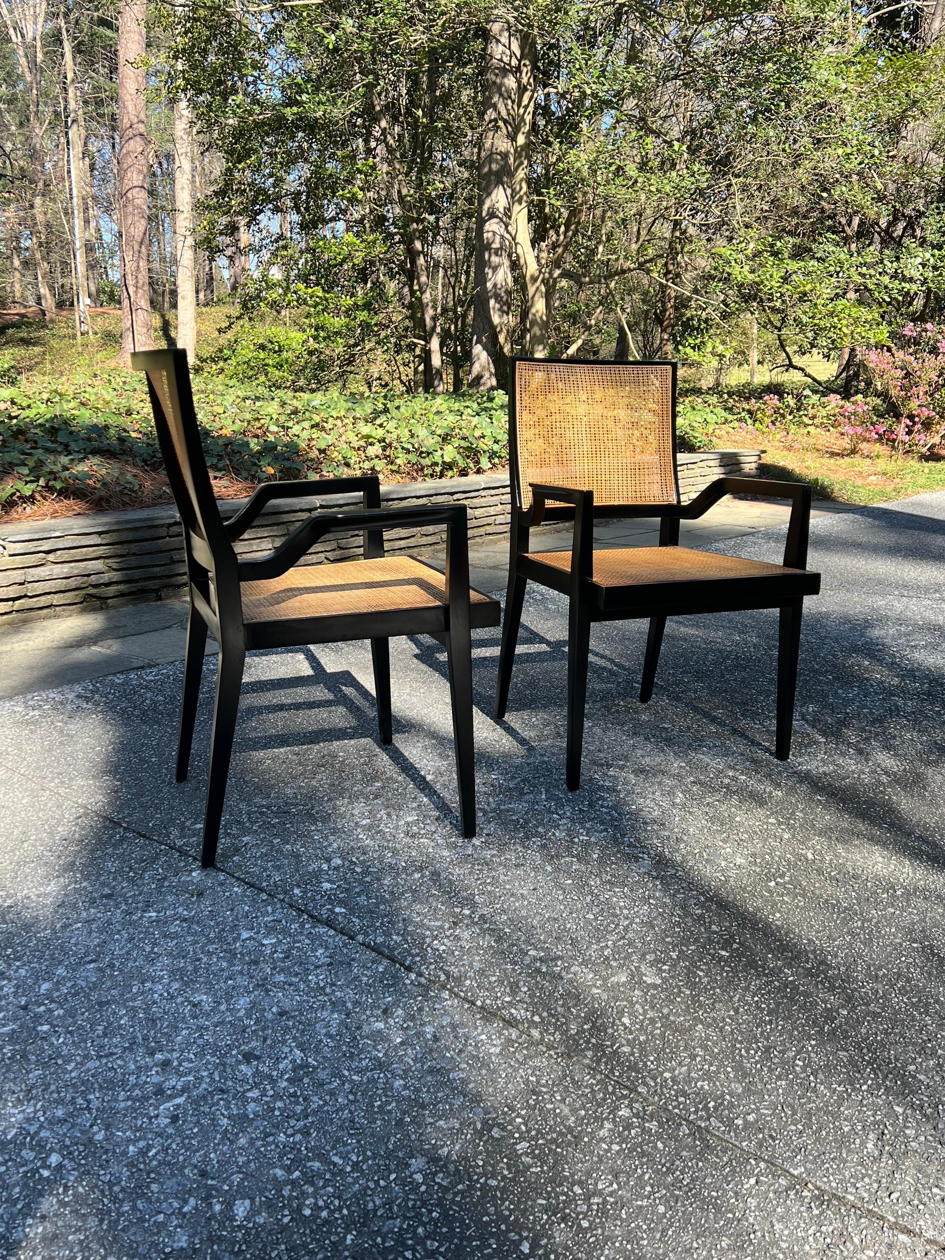 Dramatic Set of 20 Sophisticated Black Lacquer Cane Arm Chairs by Michael Taylor For Sale 10