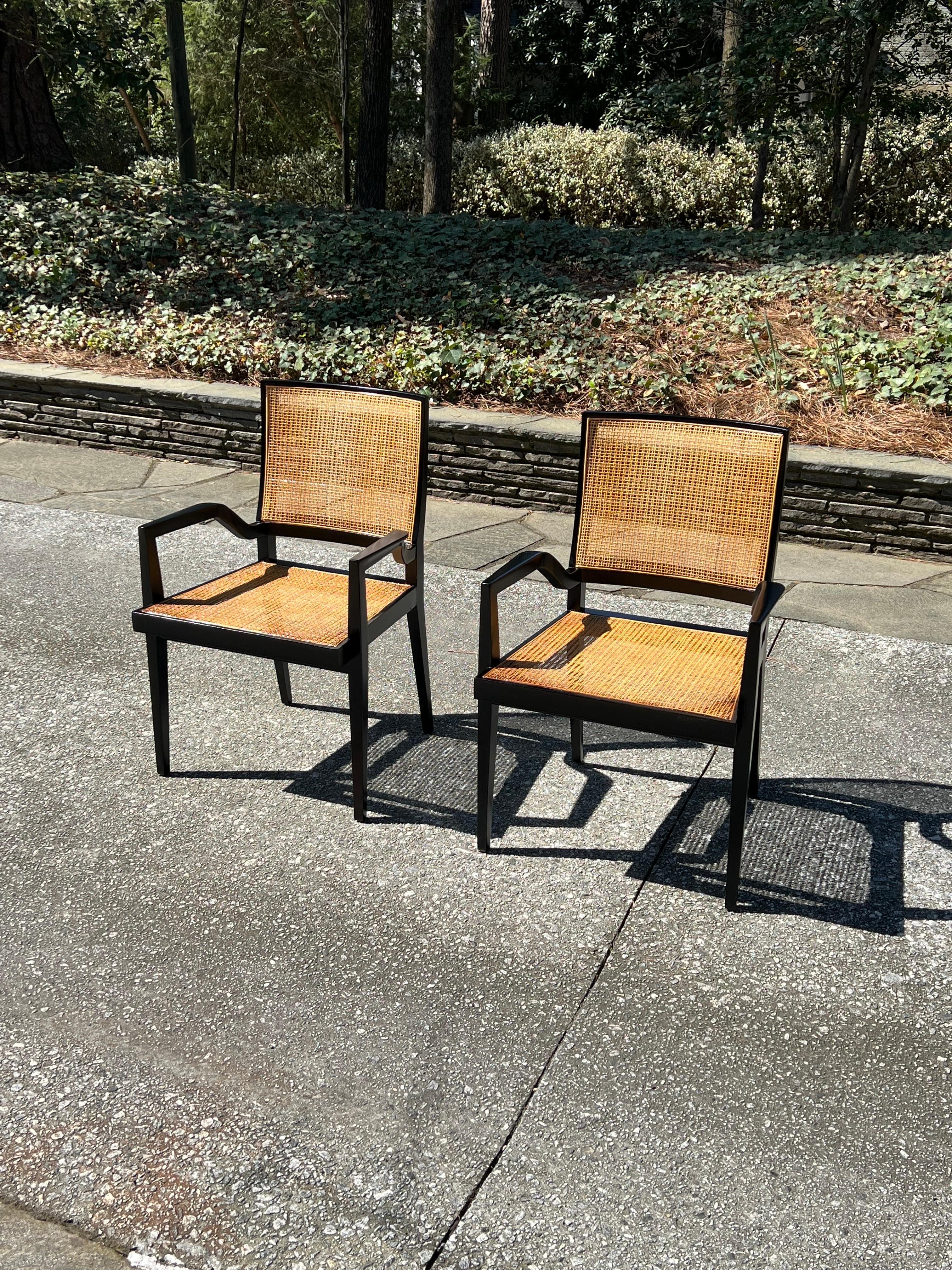 Mid-20th Century Dramatic Set of 20 Sophisticated Black Lacquer Cane Arm Chairs by Michael Taylor For Sale