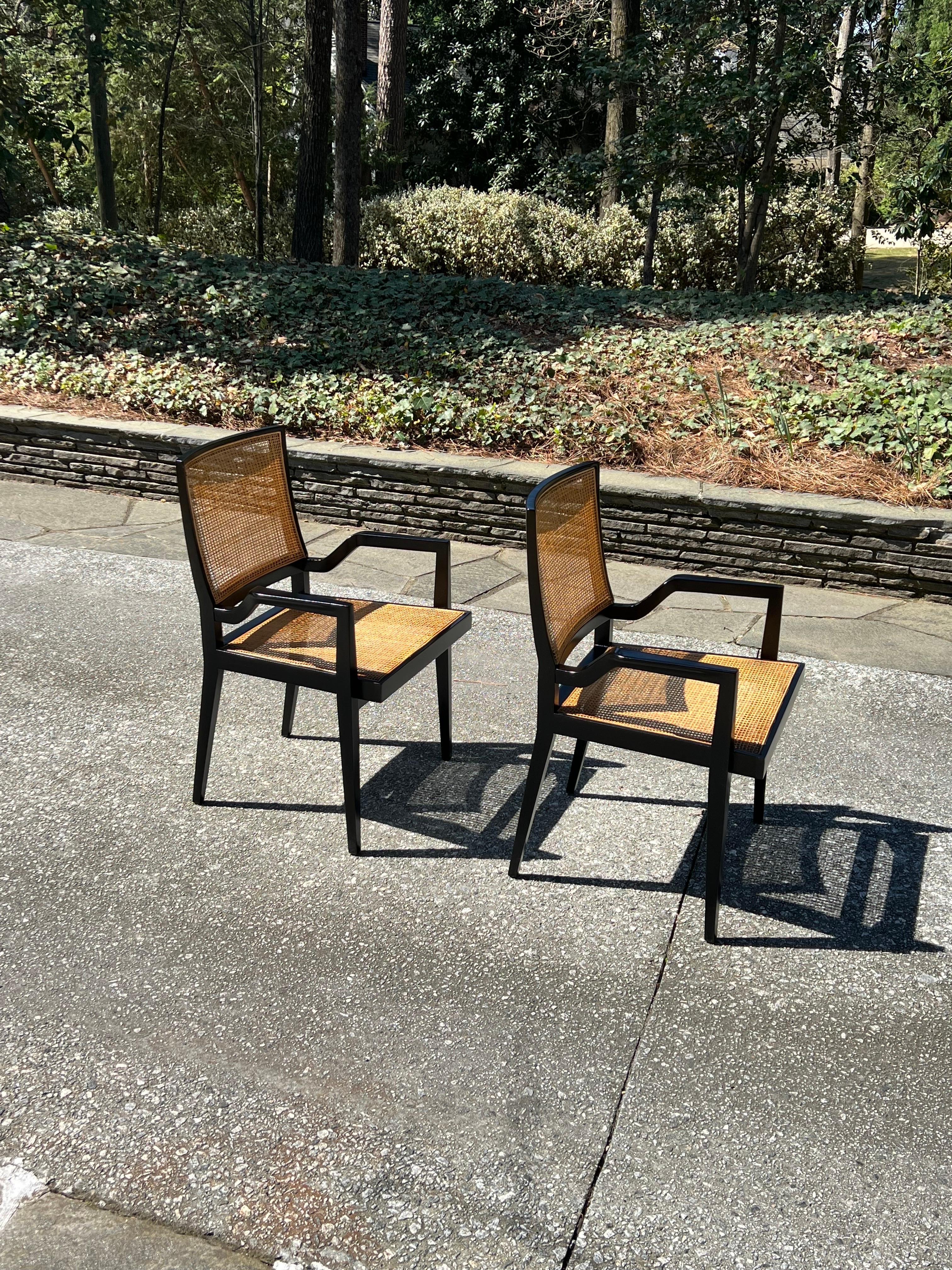 Dramatic Set of 20 Sophisticated Black Lacquer Cane Arm Chairs by Michael Taylor For Sale 1