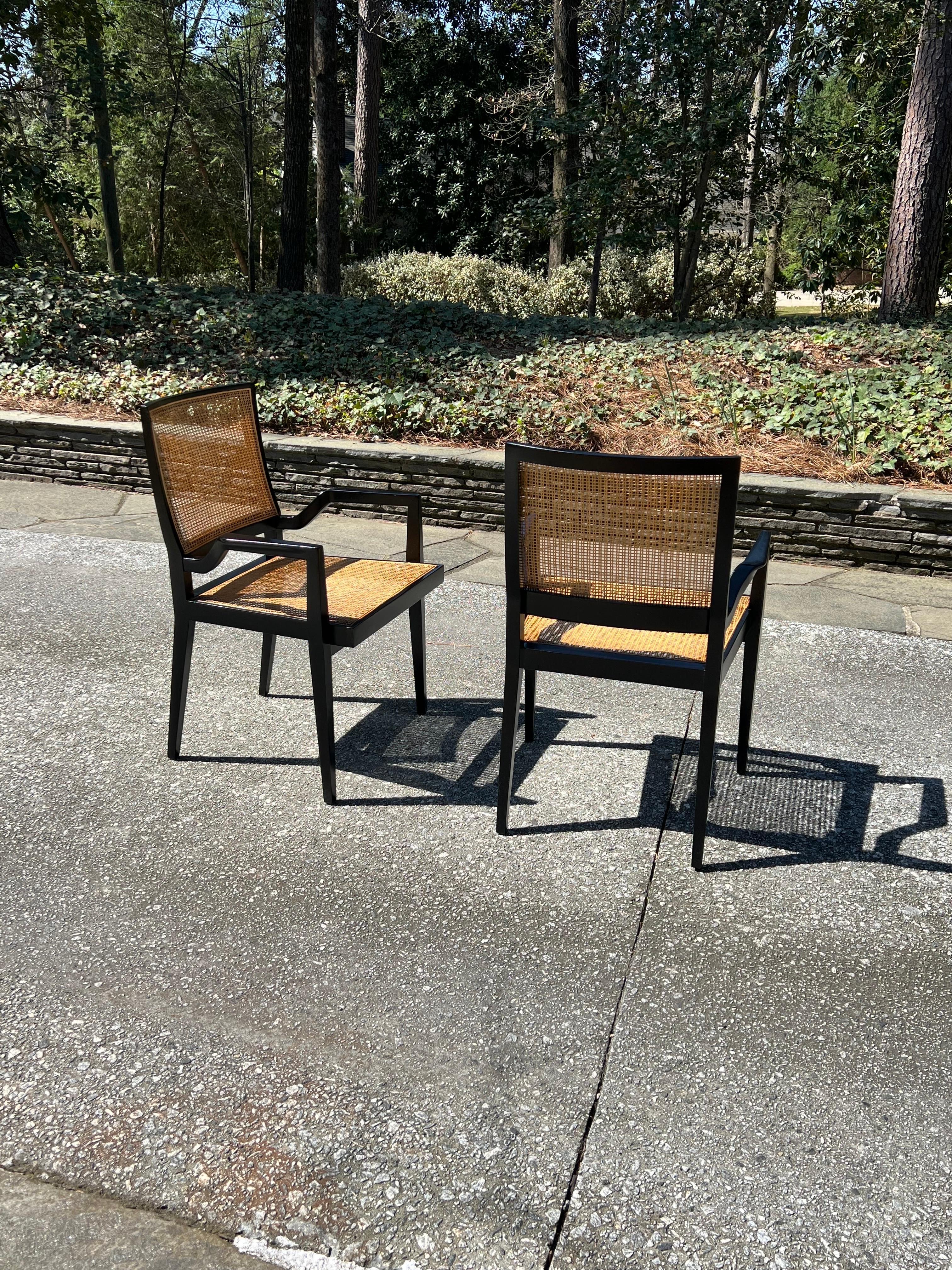 Dramatic Set of 20 Sophisticated Black Lacquer Cane Arm Chairs by Michael Taylor For Sale 2
