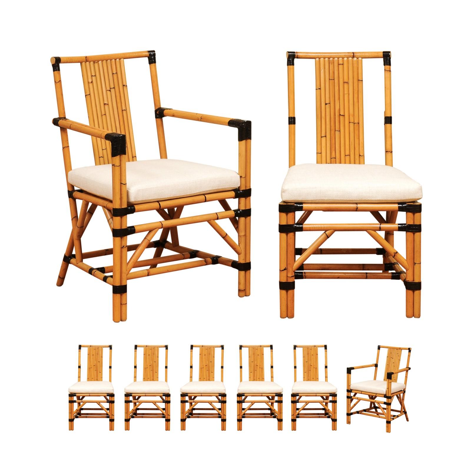 Dramatic Set of 8 Vintage John Hutton for Sutherland Cane Wicker Bamboo Chairs For Sale 13