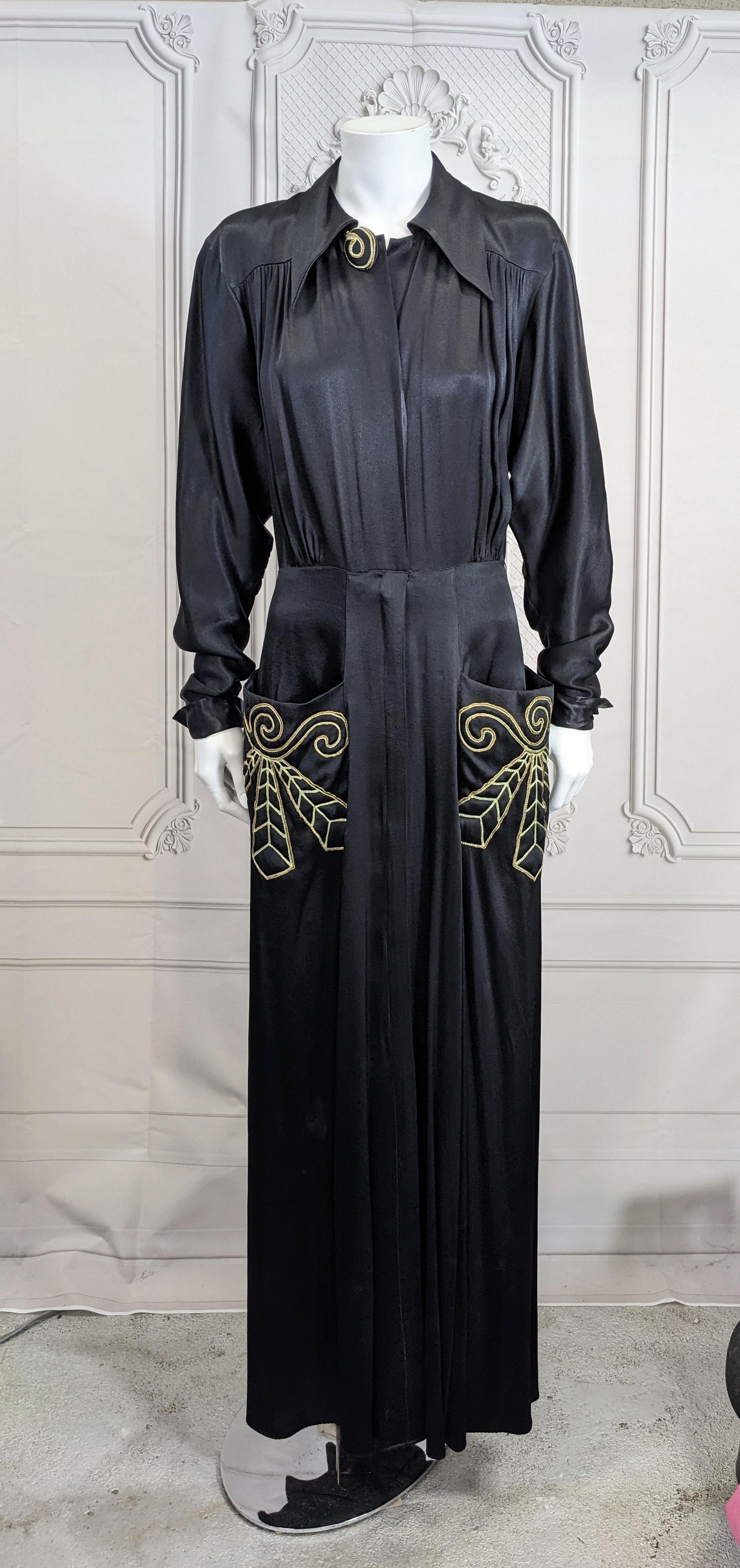 Black Dramatic Silk Satin Embroidered Dressing Gown For Sale