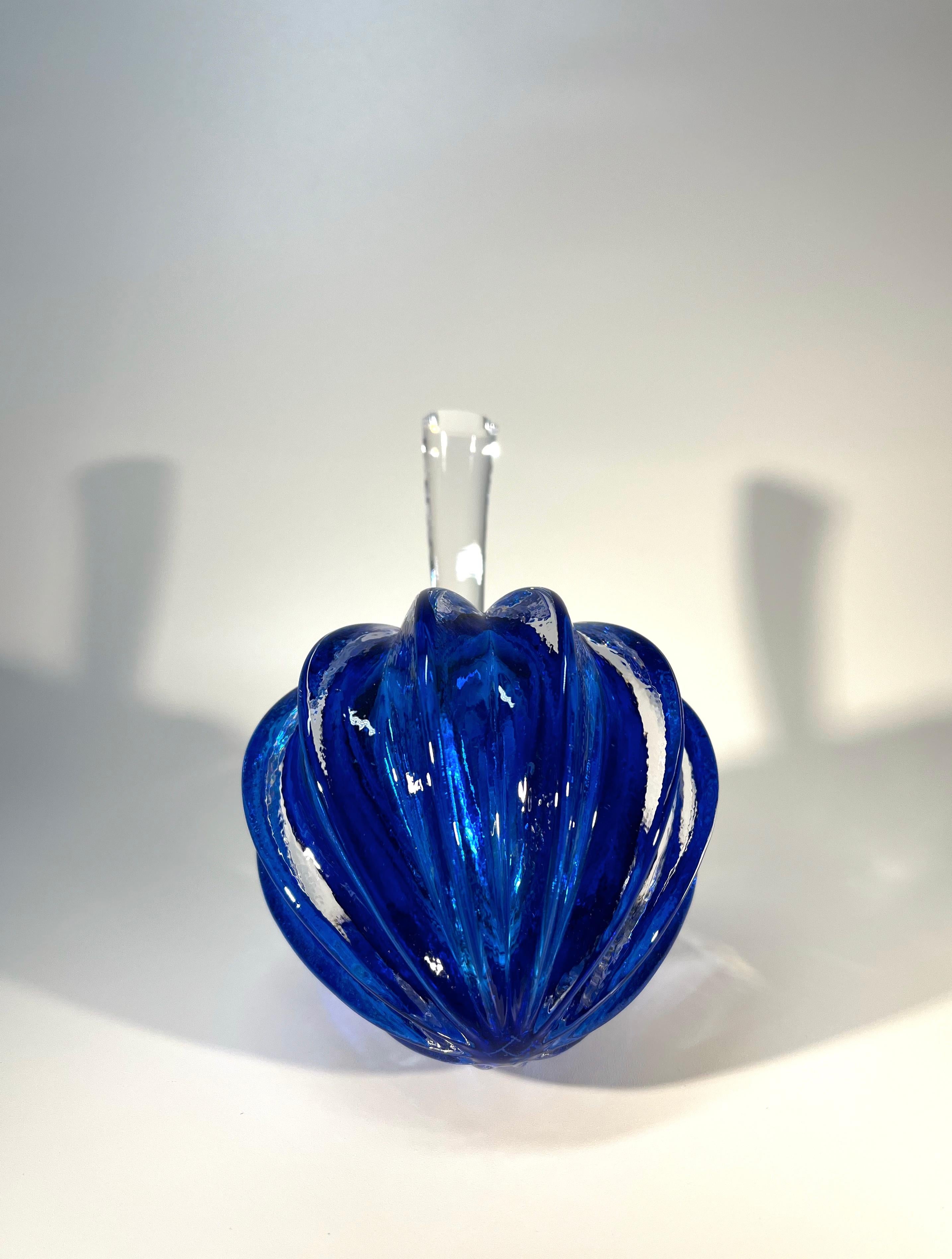 20th Century Dramatic Stemmed Fruit Cobalt Blue Crystal Perfume Bottle, England 1980's