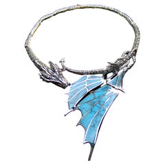 Dramatic Sterling Silver Dragon Turquoise Inlay Artisan Choker Necklace 21st c 