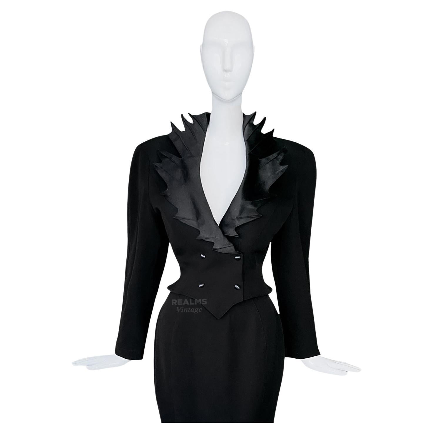 Dramatic Thierry Mugler FW1990 Archival Black Skirt Suit Sculptural For Sale