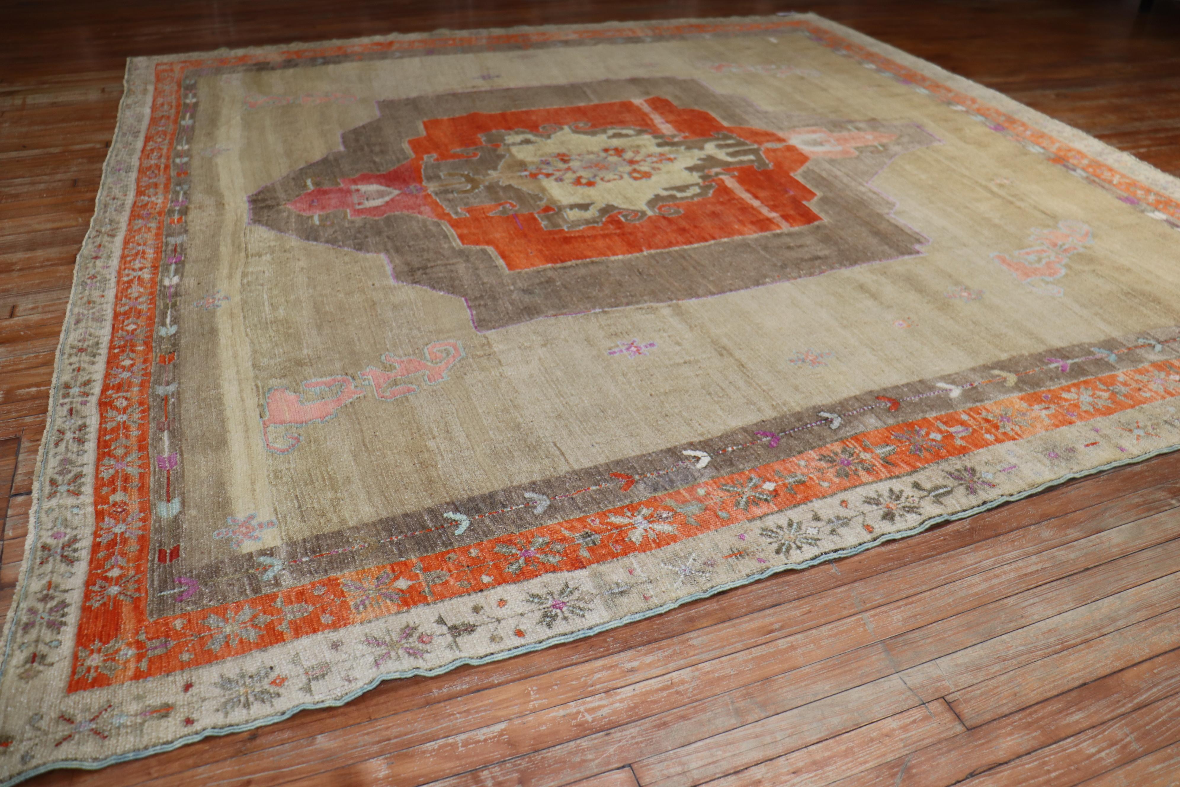 Hand-Knotted Dramatic Tribal Square Shape Turkish Room Size Camel Ground Rug